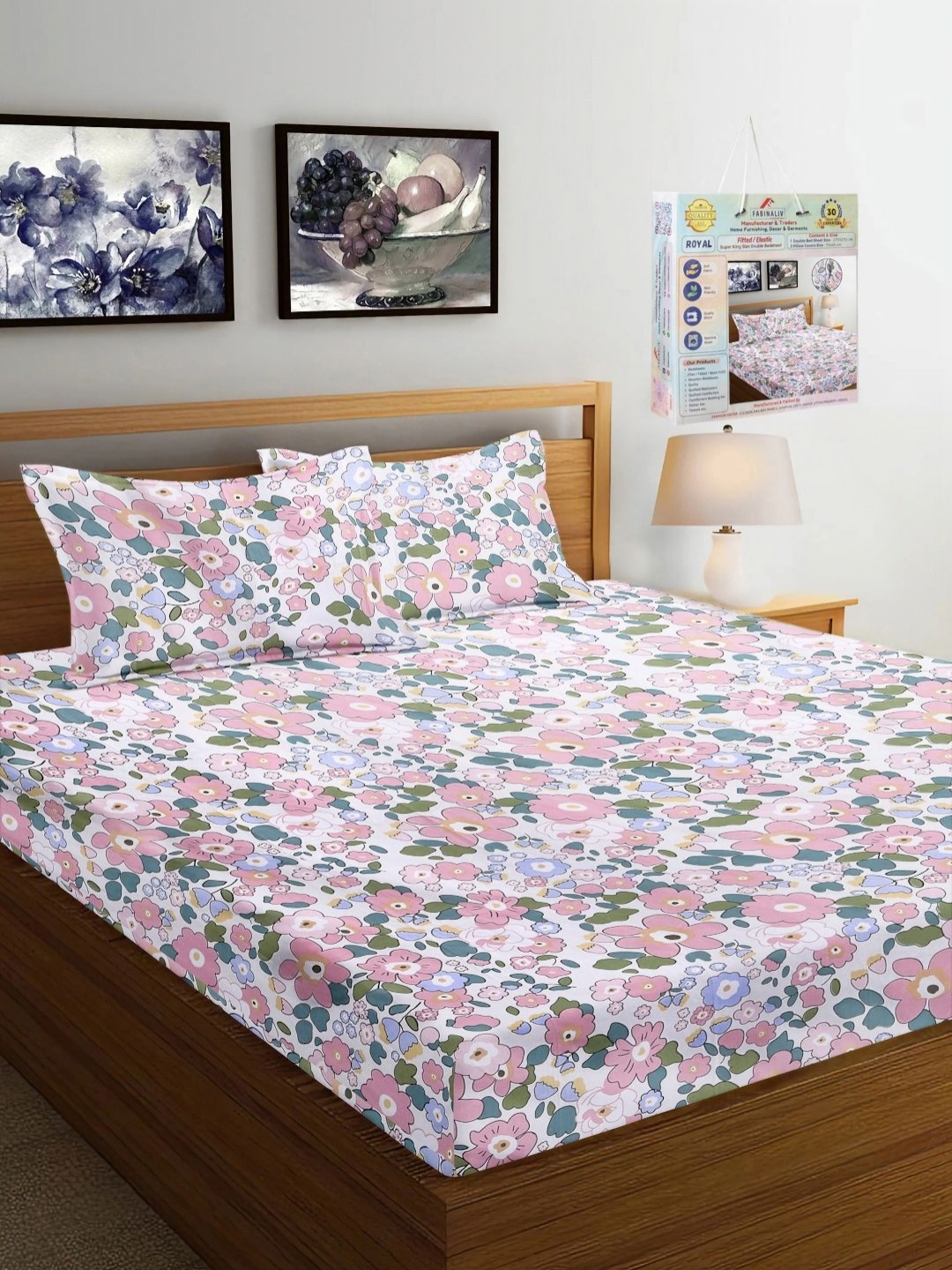 

FABINALIV White & Pink Floral Printed 300 TC King Bedsheet Set 2.7 m x 2.7 m