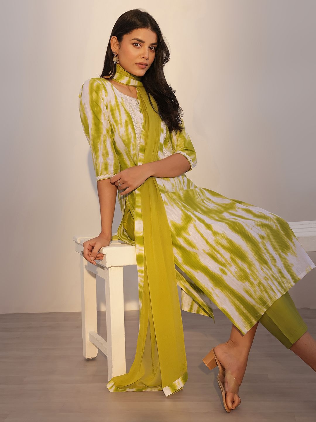 

Libas Dyed Thread Work Pure Cotton Straight Kurta with Trousers & Dupatta, Green