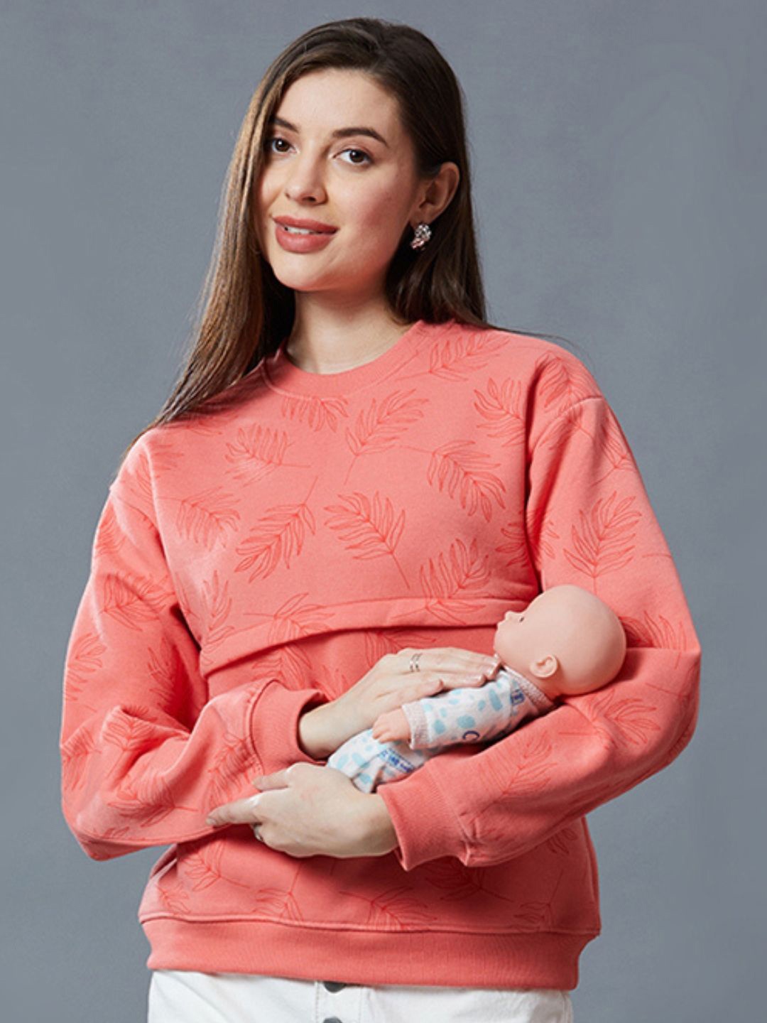 

True Shape Women Printed Round Neck Pullover Maternity Sweatshirt, Orange