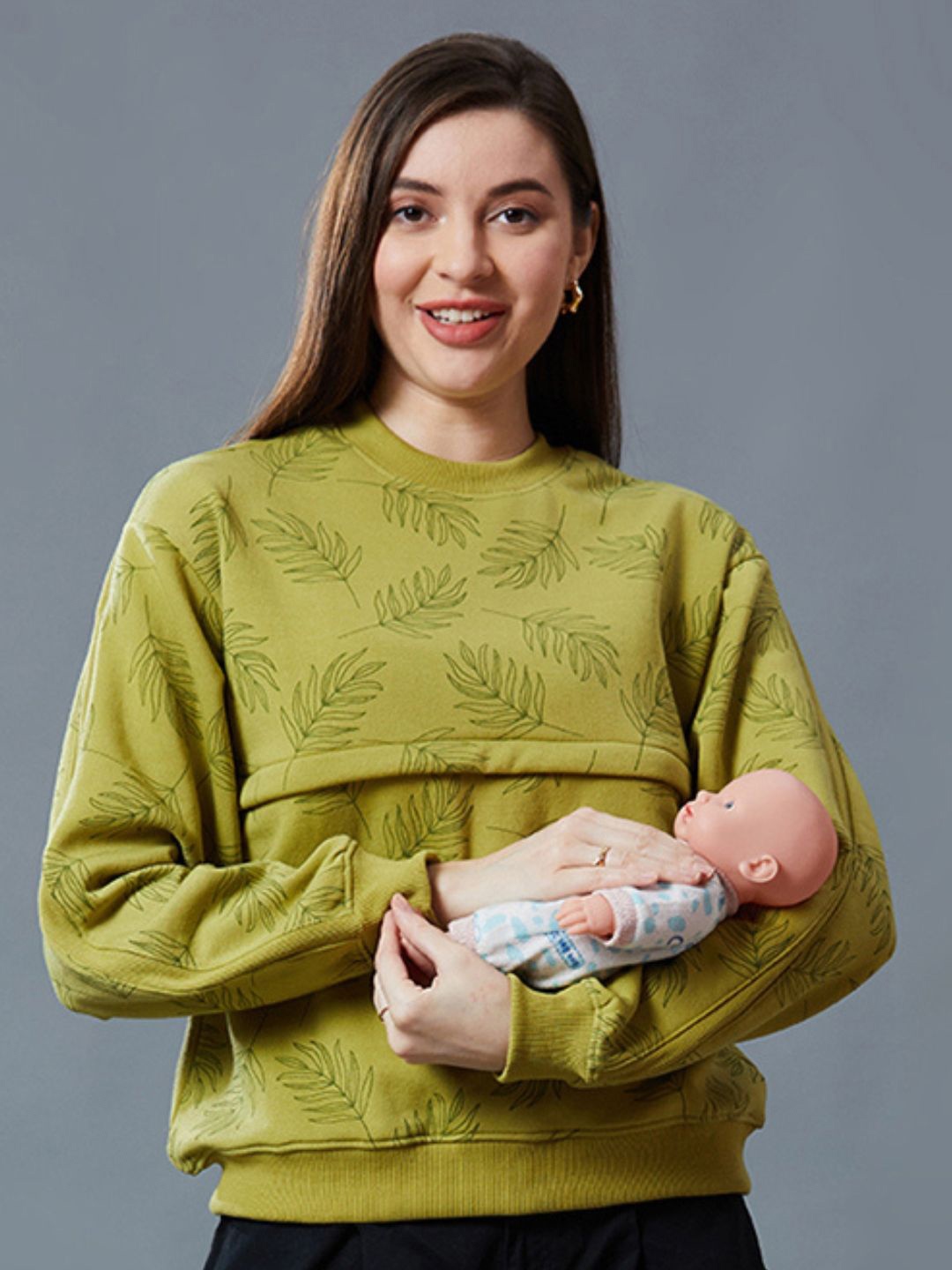 

True Shape Women Printed Maternity Sweatshirt With Zipper, Green