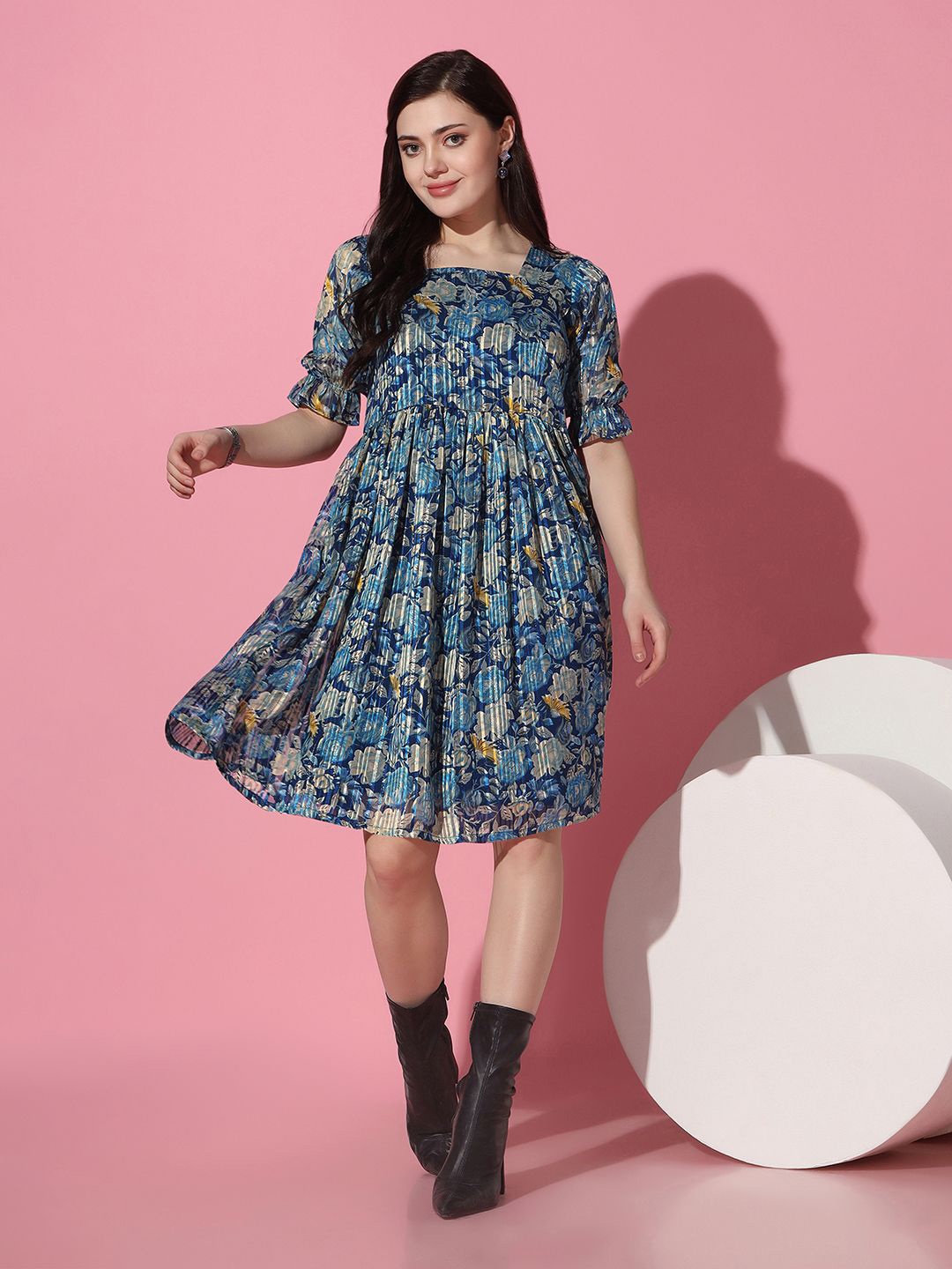 

Moda Rapido Women Floral Printed Square Neck A-Line Dress, Blue