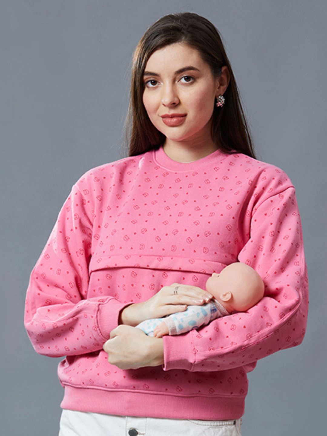 

True Shape Women Printed Round Neck TSweatshirt, Pink