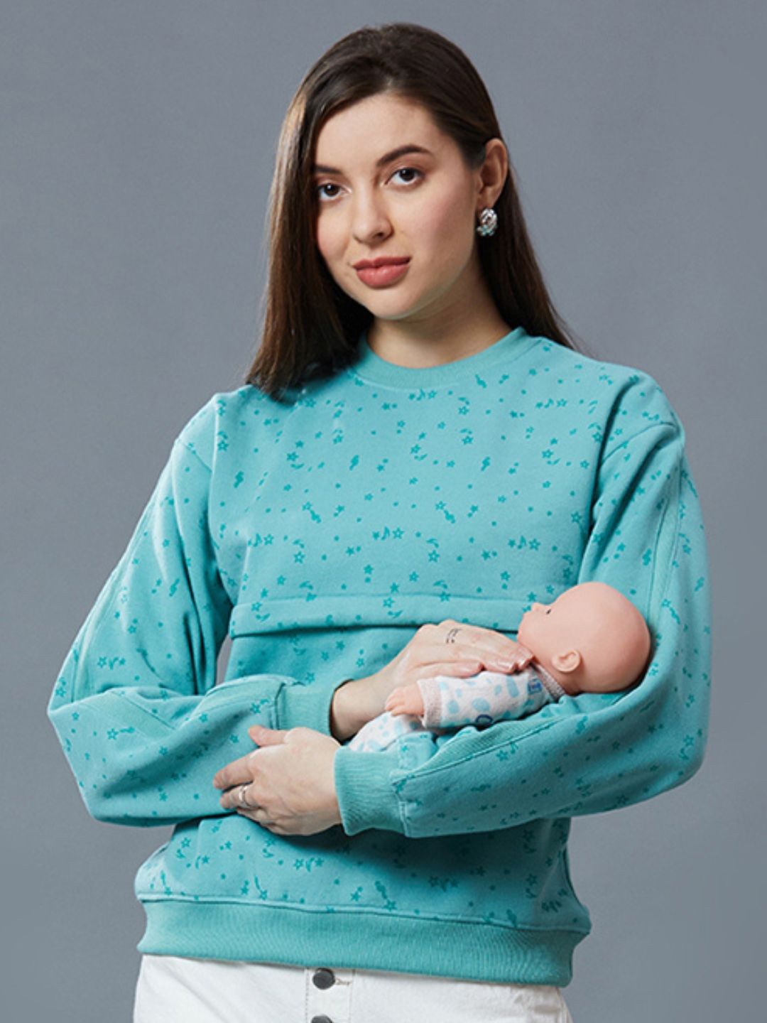 

True Shape Women Printed Sweatshirt With Zipper, Blue