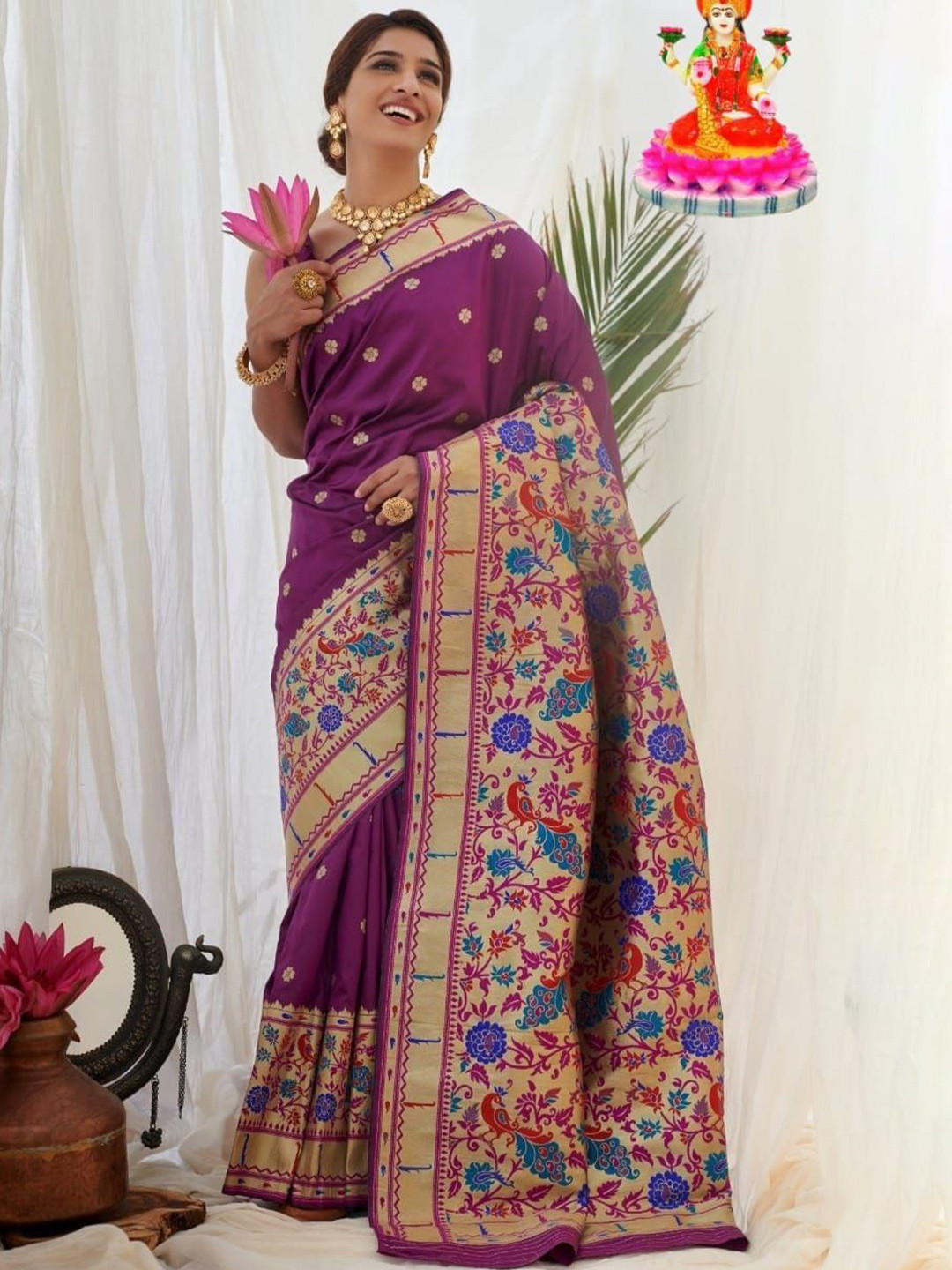 

THE WOMEN DECOR Ethnic Motifs Woven Design Paithani Saree, Purple
