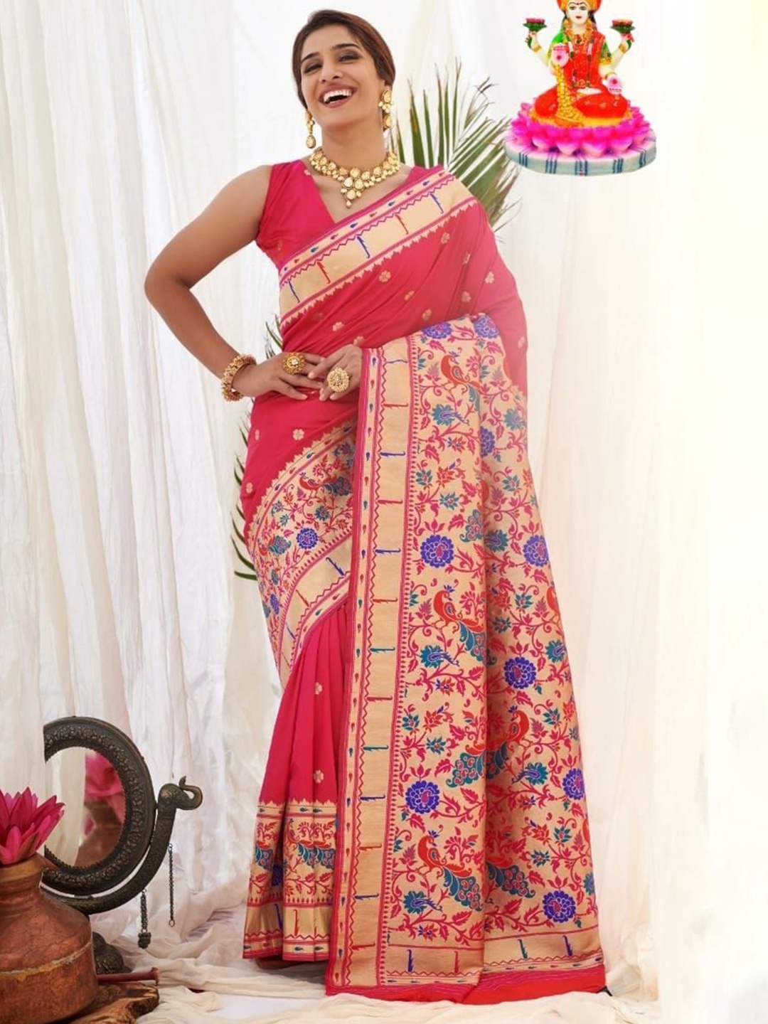 

THE WOMEN DECOR Ethnic Motifs Zari Paithani Saree, Pink