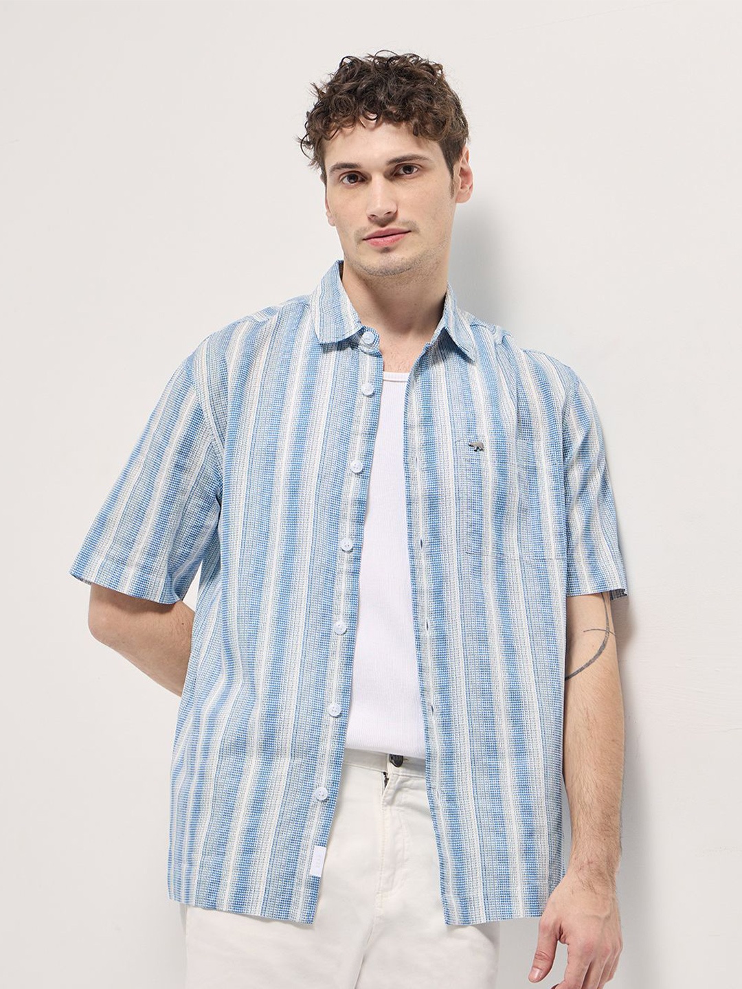 

THE BEAR HOUSE Men Striped Spread Collar Cotton Relaxed Fit Casual Shirt, Blue