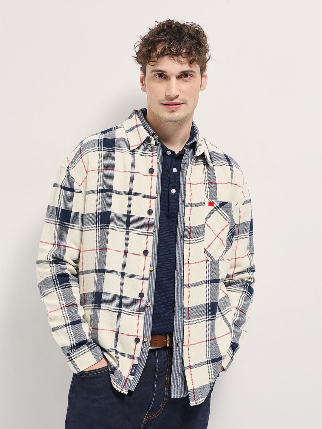

THE BEAR HOUSE Men Checked Pure Cotton Relaxed Fit Casual Shacket, Cream