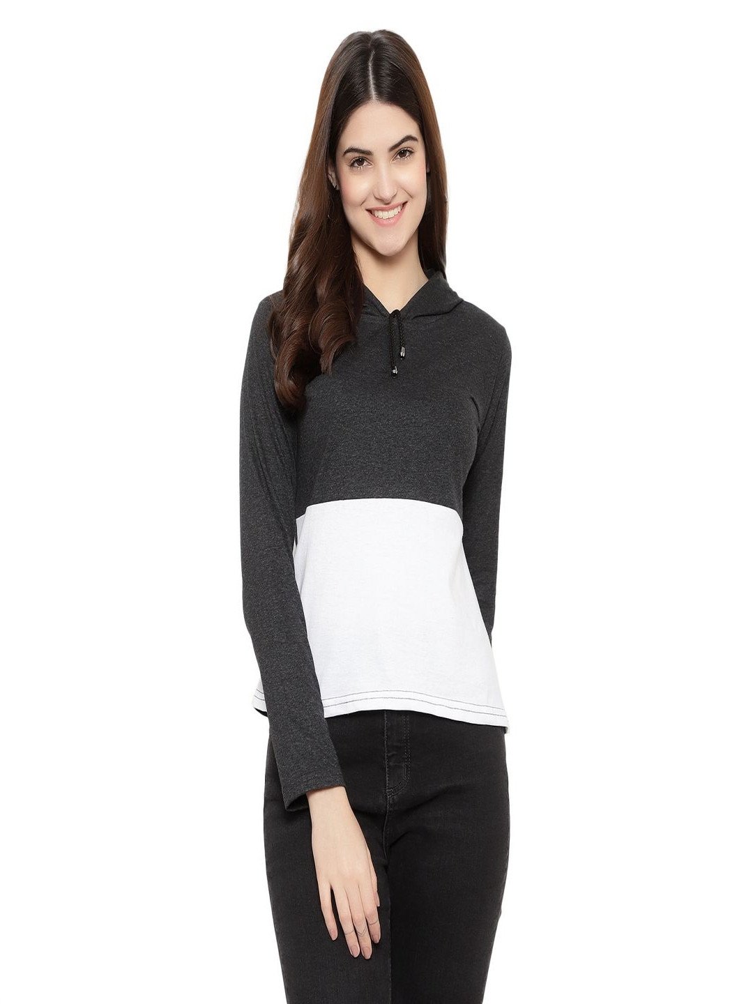 

DEEPMAYRA COLLECTION Women Colourblocked Hooded Cotton T-shirt, Black