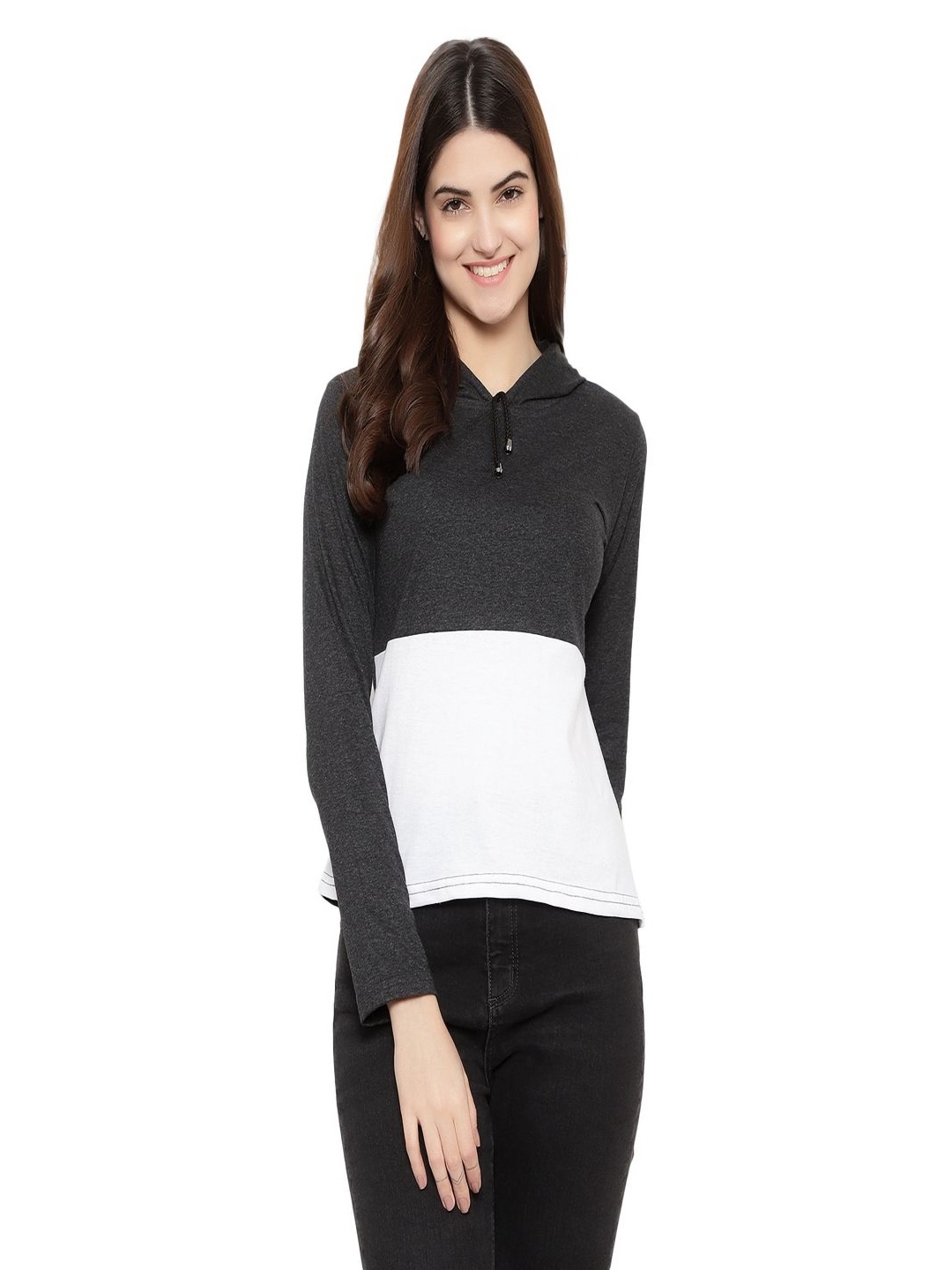 

DEEPMAYRA COLLECTION Women Colourblocked Hooded Cotton T-shirt, Black
