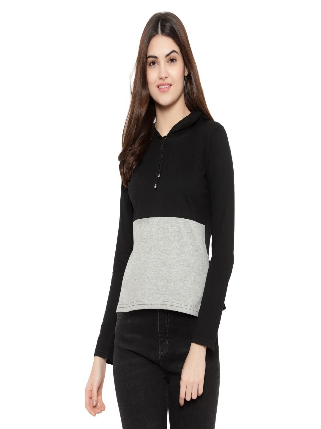 

DEEPMAYRA COLLECTION Women Colourblocked Hooded Cotton T-shirt, Black