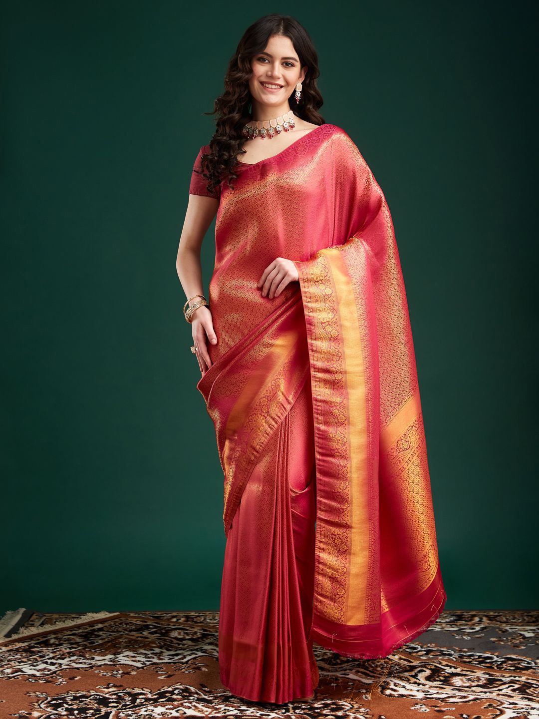 

MAHALASA Woven Design Zari Pure Silk Kanjeevaram Saree, Pink