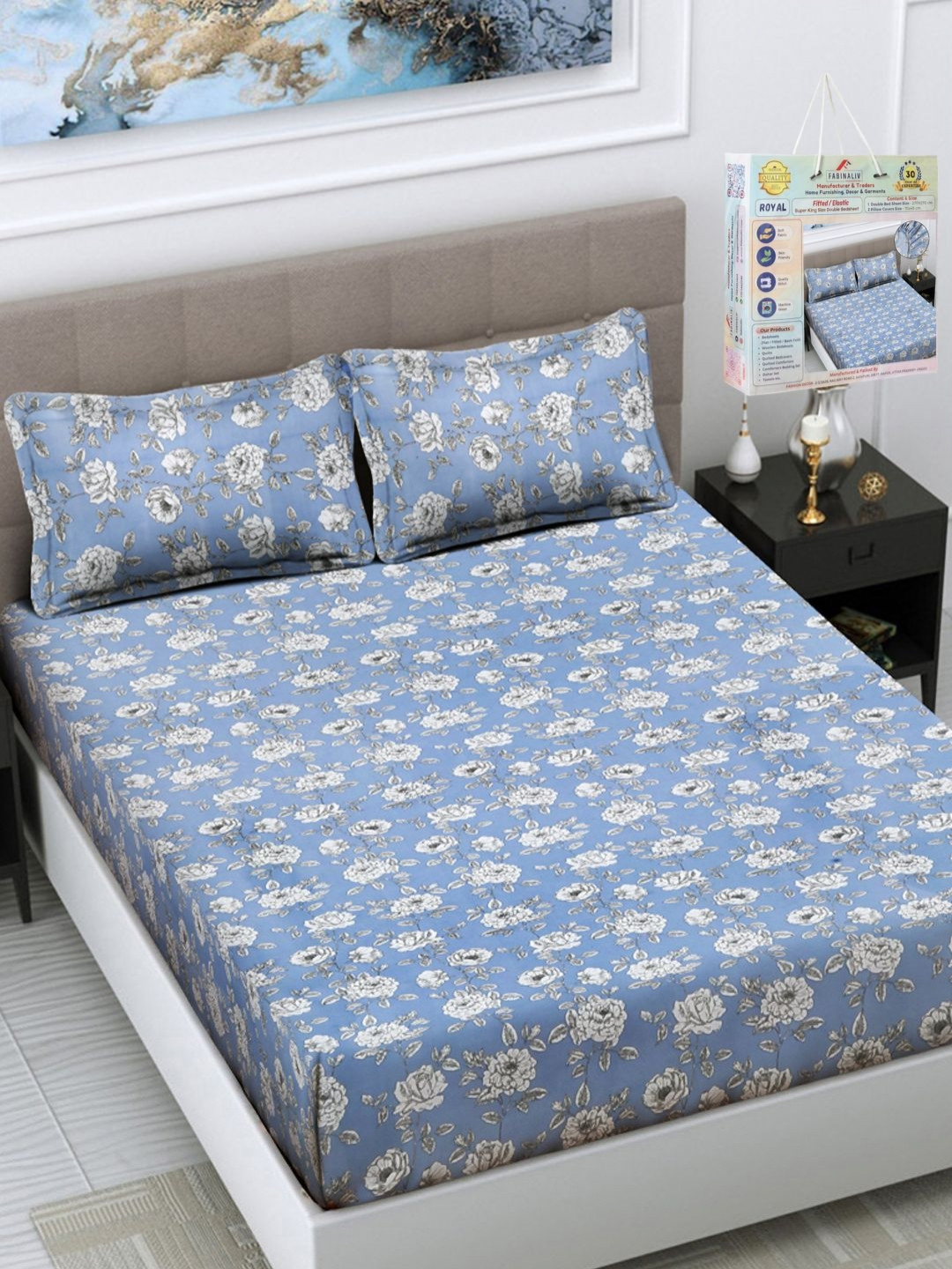 

FABINALIV Blue & White Floral Printed 300 TC King Bedsheet Set 2.70 m x 2.70 m