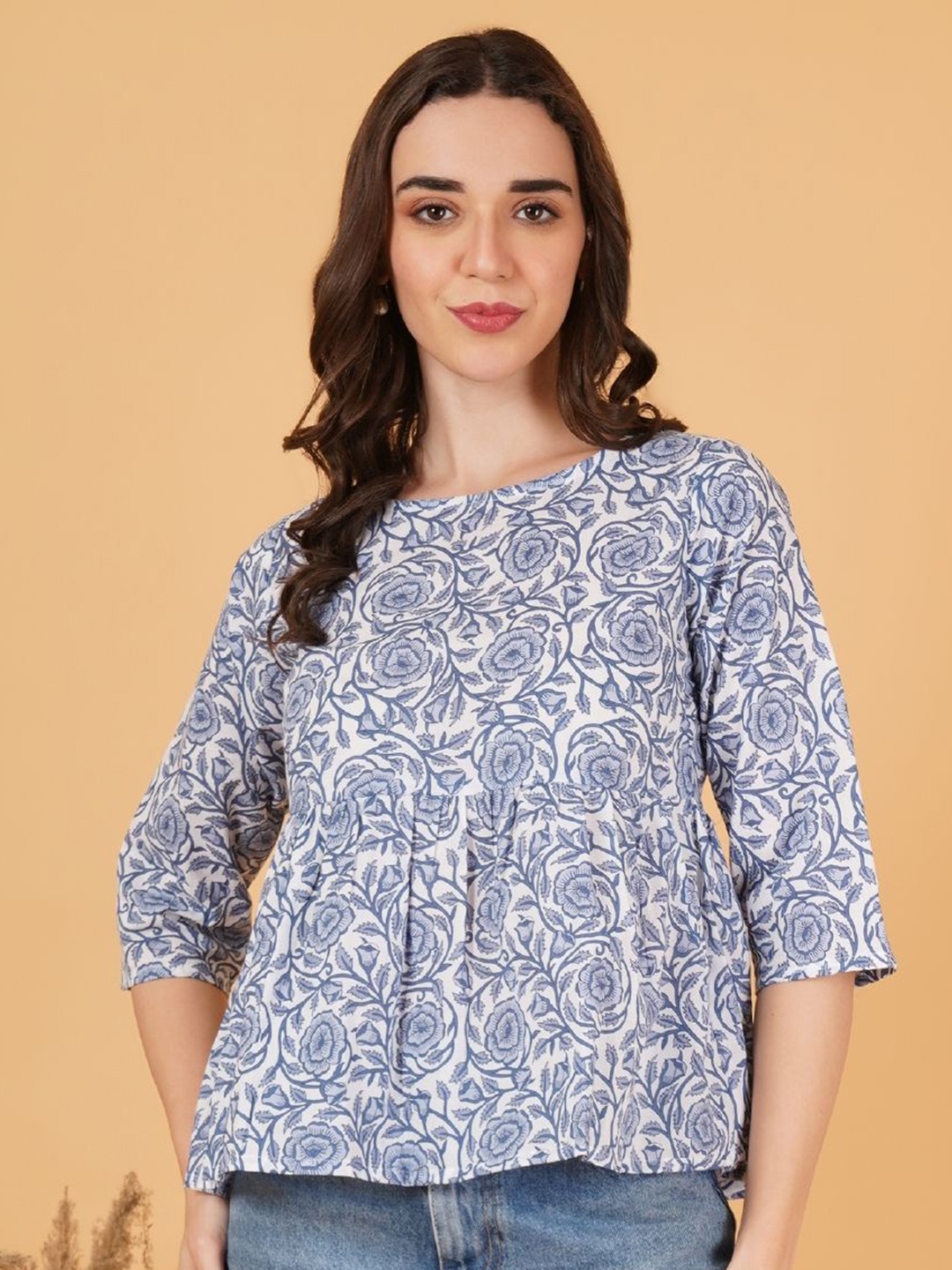 

KALINI Women Floral Print Cotton Peplum Top, Blue