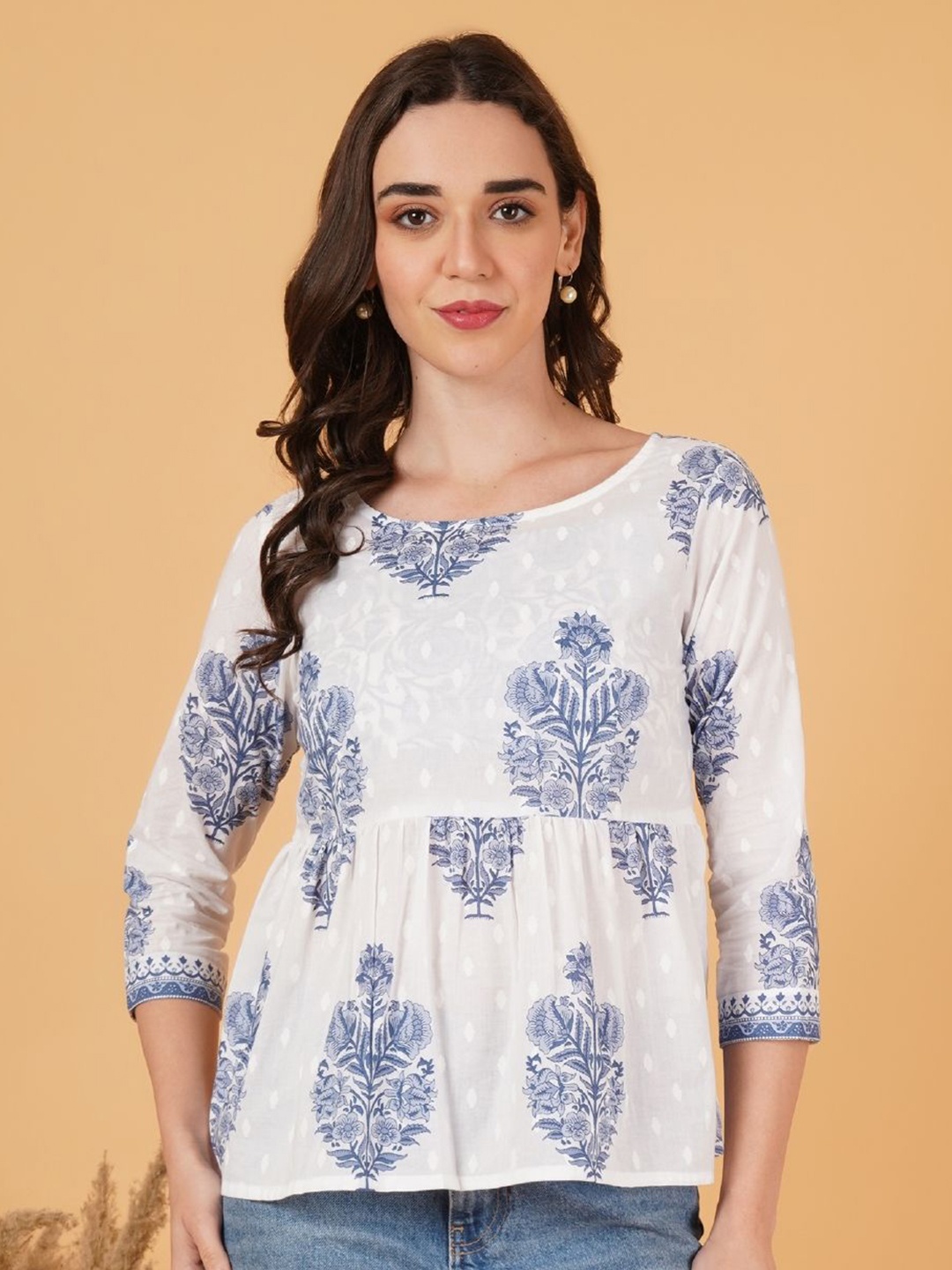

KALINI Women Floral Print Cotton Peplum Top, White