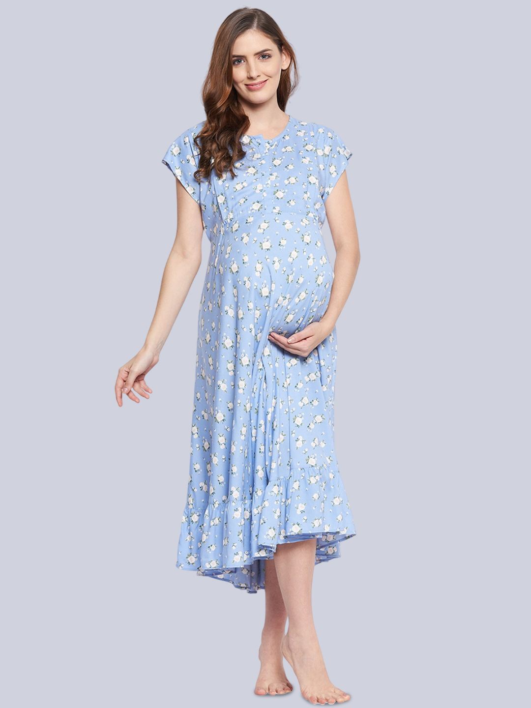 

Hypernation Women Floral Printed Maternity Fit & Flare Midi Dress, Blue