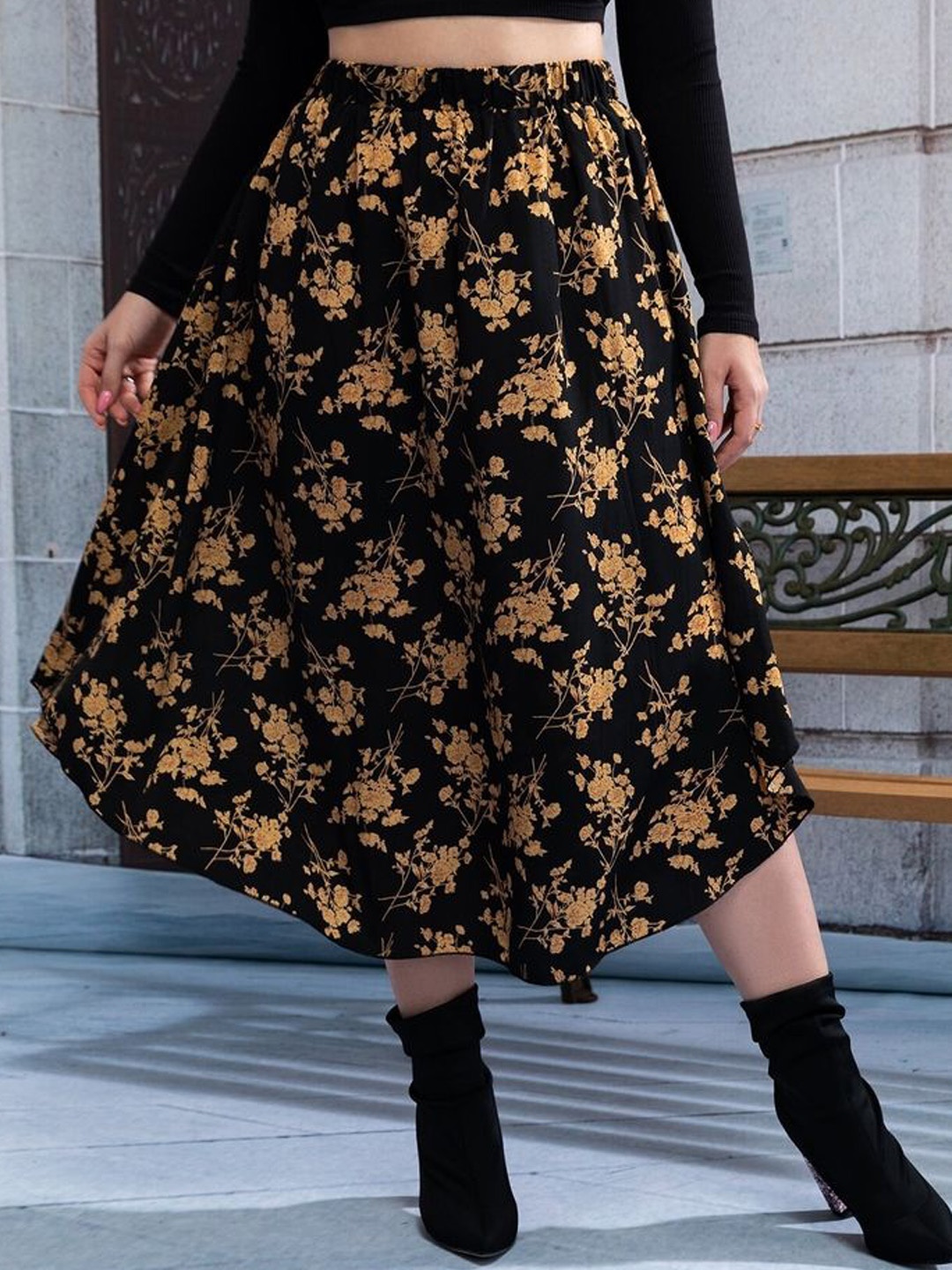 

LULU & SKY Women Floral Printed Midi Skirt, Black
