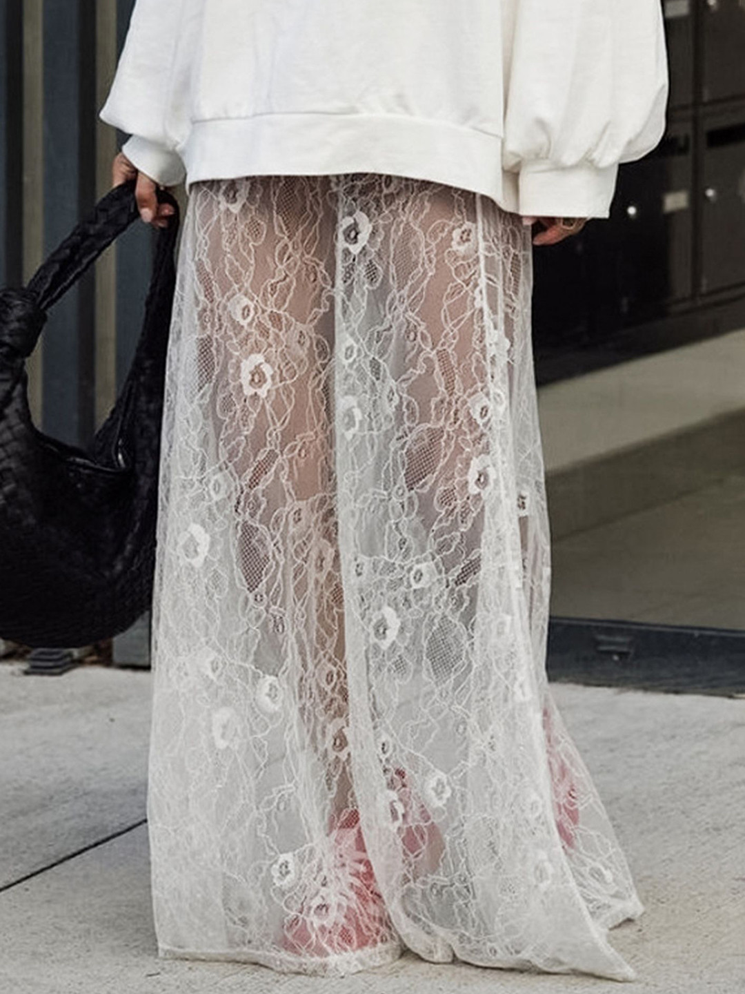 

LULU & SKY Self Design Sheer Lace A-line Maxi Skirt, White