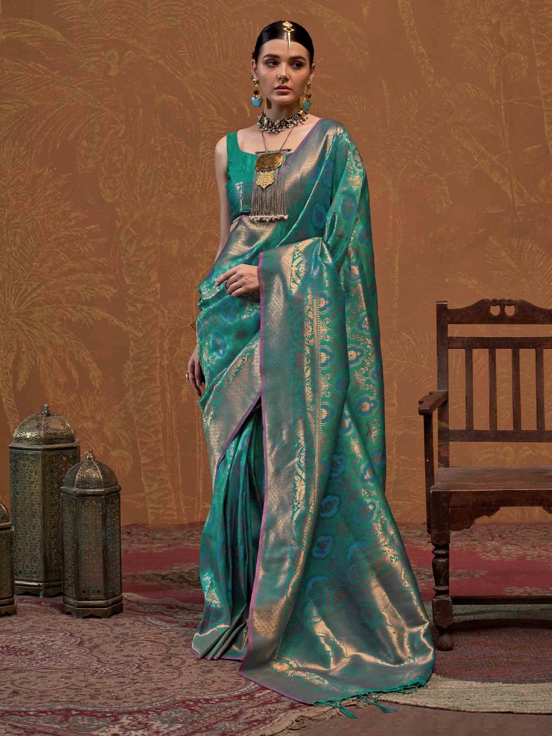 

KIMISHA Woven Design Zari Silk Blend Designer Saree, Teal