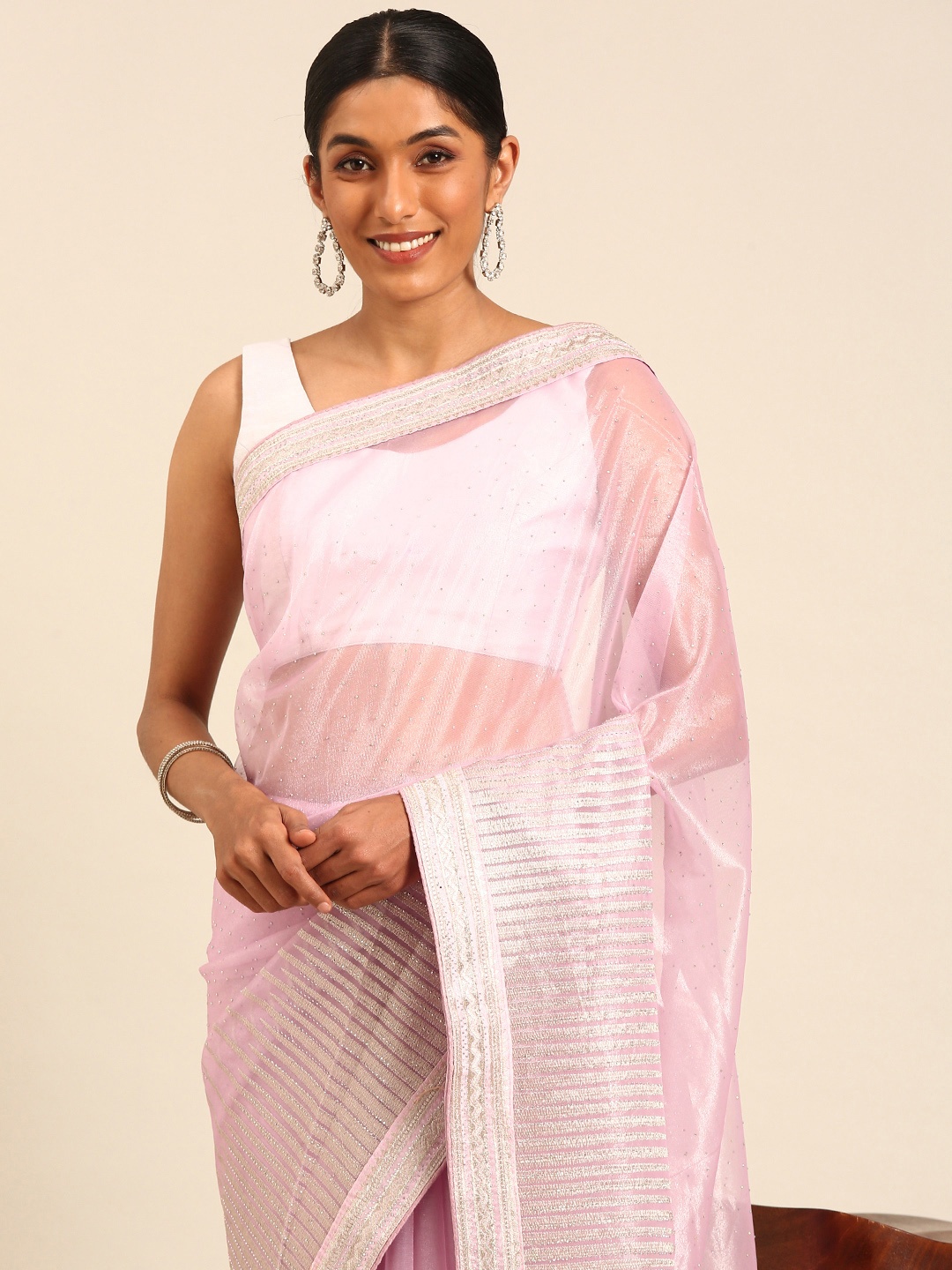 

Mitera Embellished Beads and Stones Net Designer Saree, Pink
