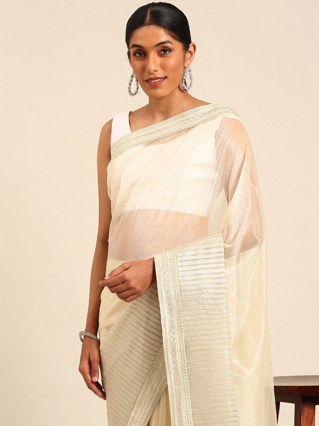 

Mitera Embellished Beads and Stones Net Designer Saree, Off white