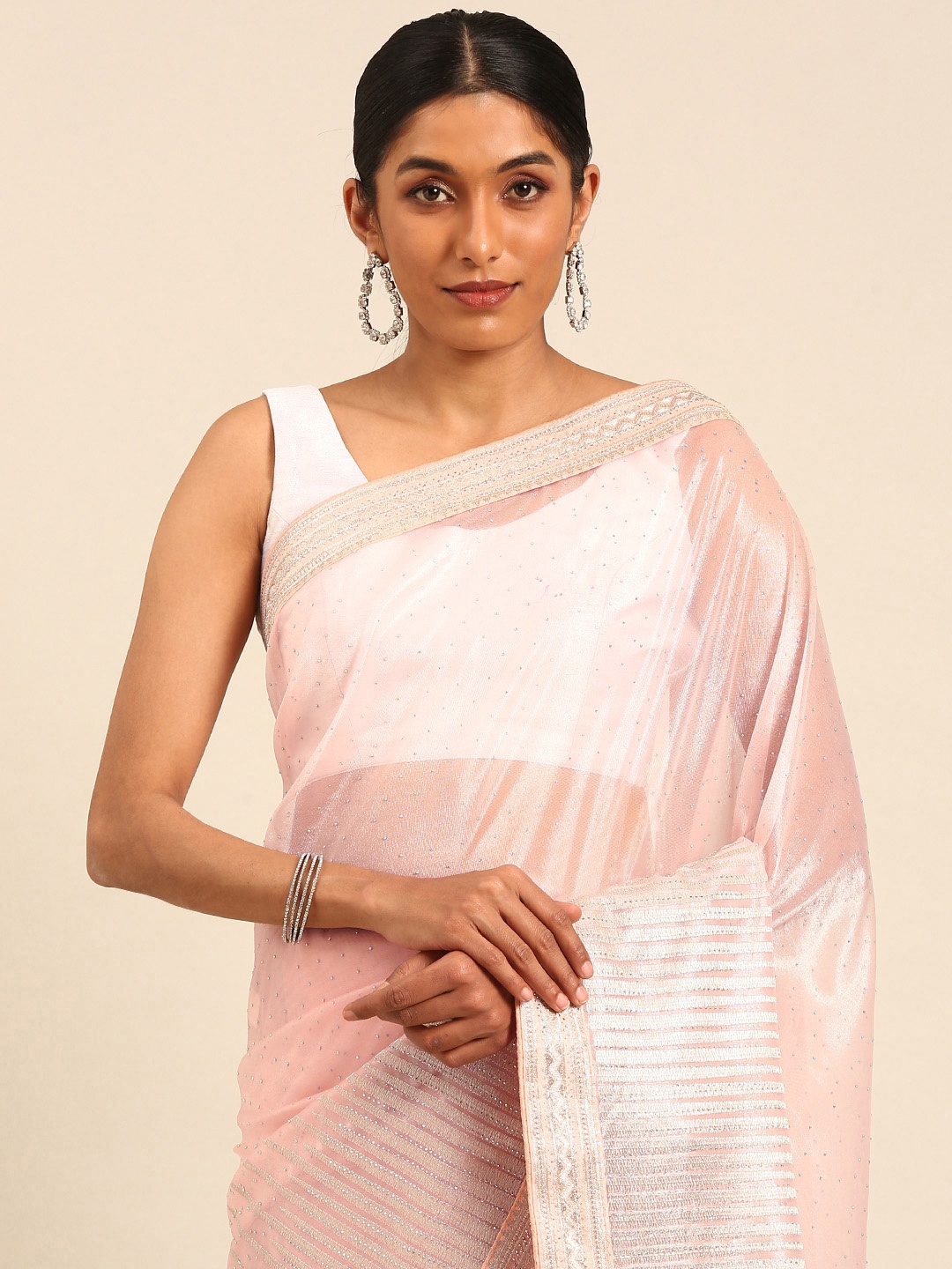 

Mitera Embellished Beads and Stones Net Designer Saree, Peach