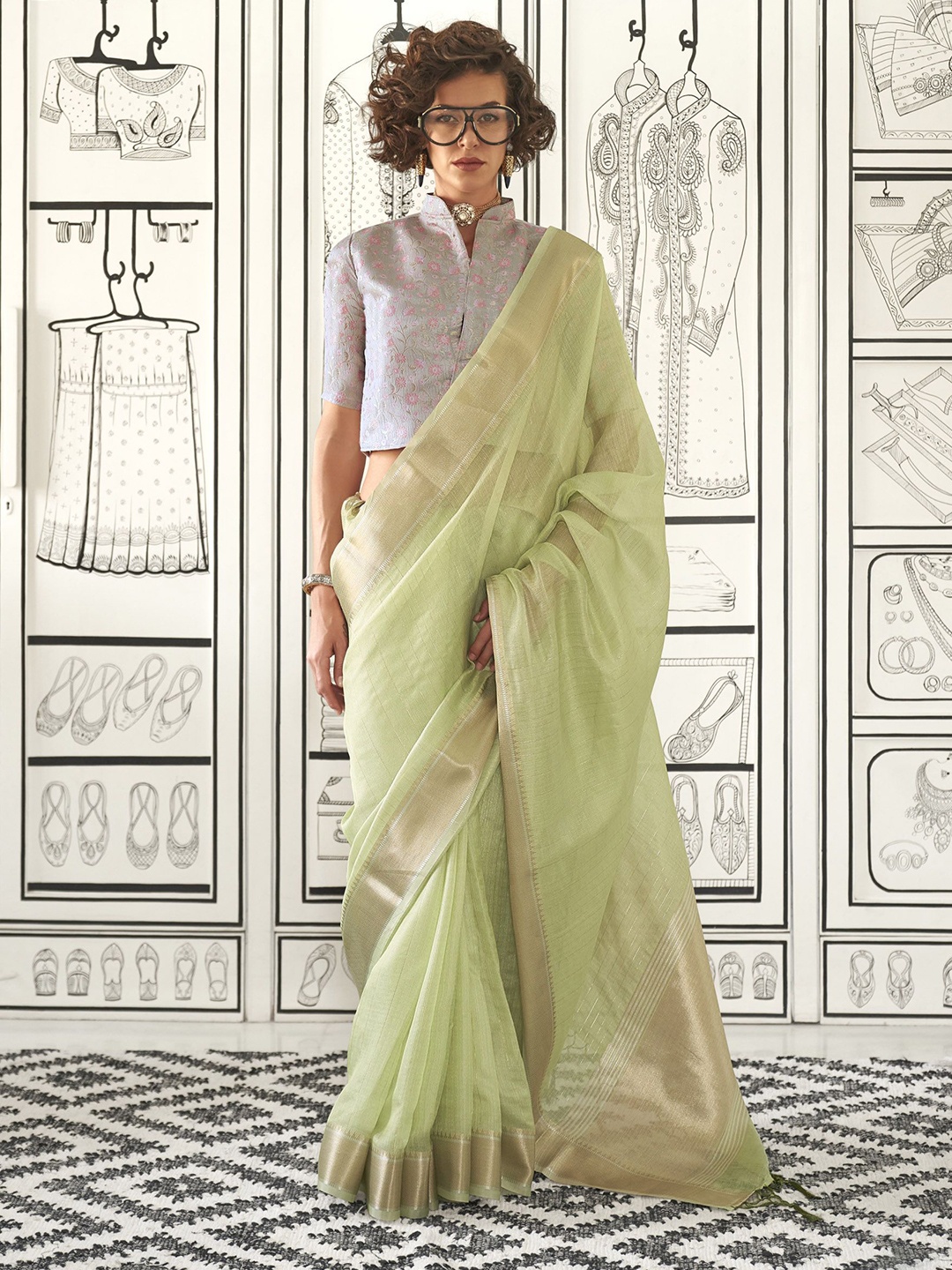 

KIMISHA Woven Design Poly Chiffon Handloom Saree, Green