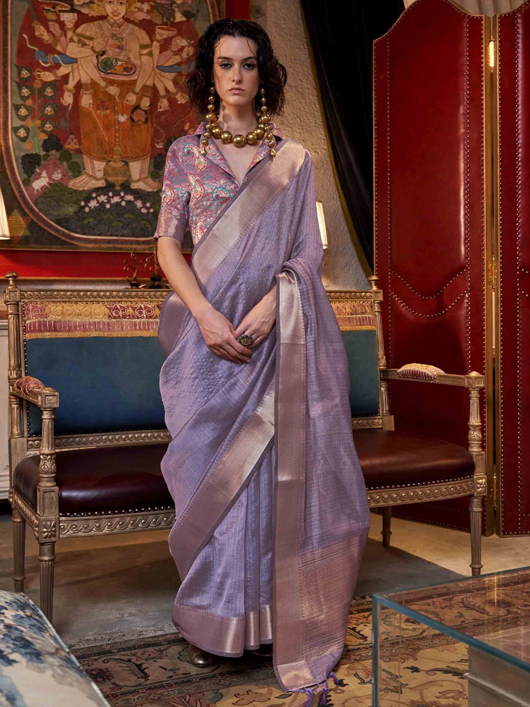 

KIMISHA Zari Poly Chiffon Saree, Lavender