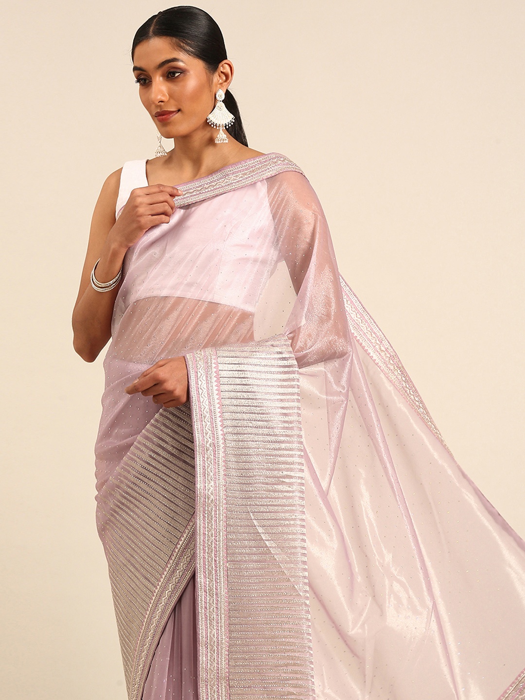 

Mitera Embellished Beads and Stones Net Designer Saree, Lavender