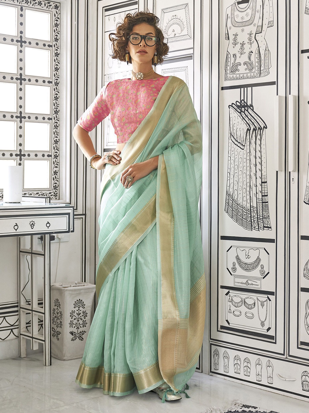 

KIMISHA Woven Design Zari Saree, Turquoise blue