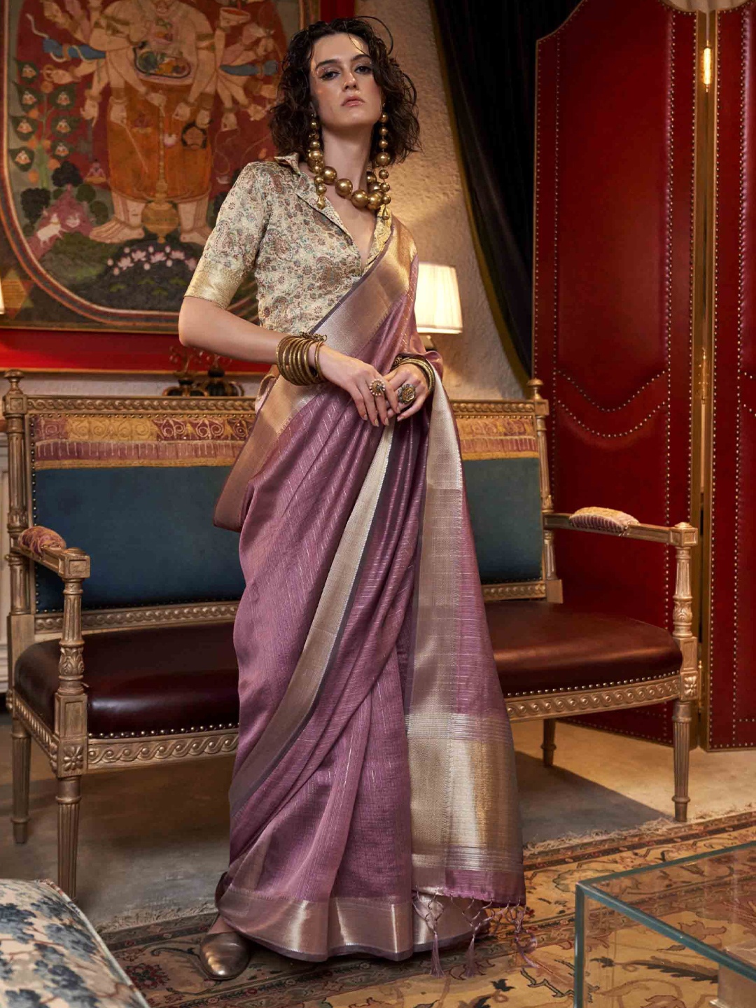 

KIMISHA Woven Design Zari Poly Chiffon Handloom Saree, Mauve