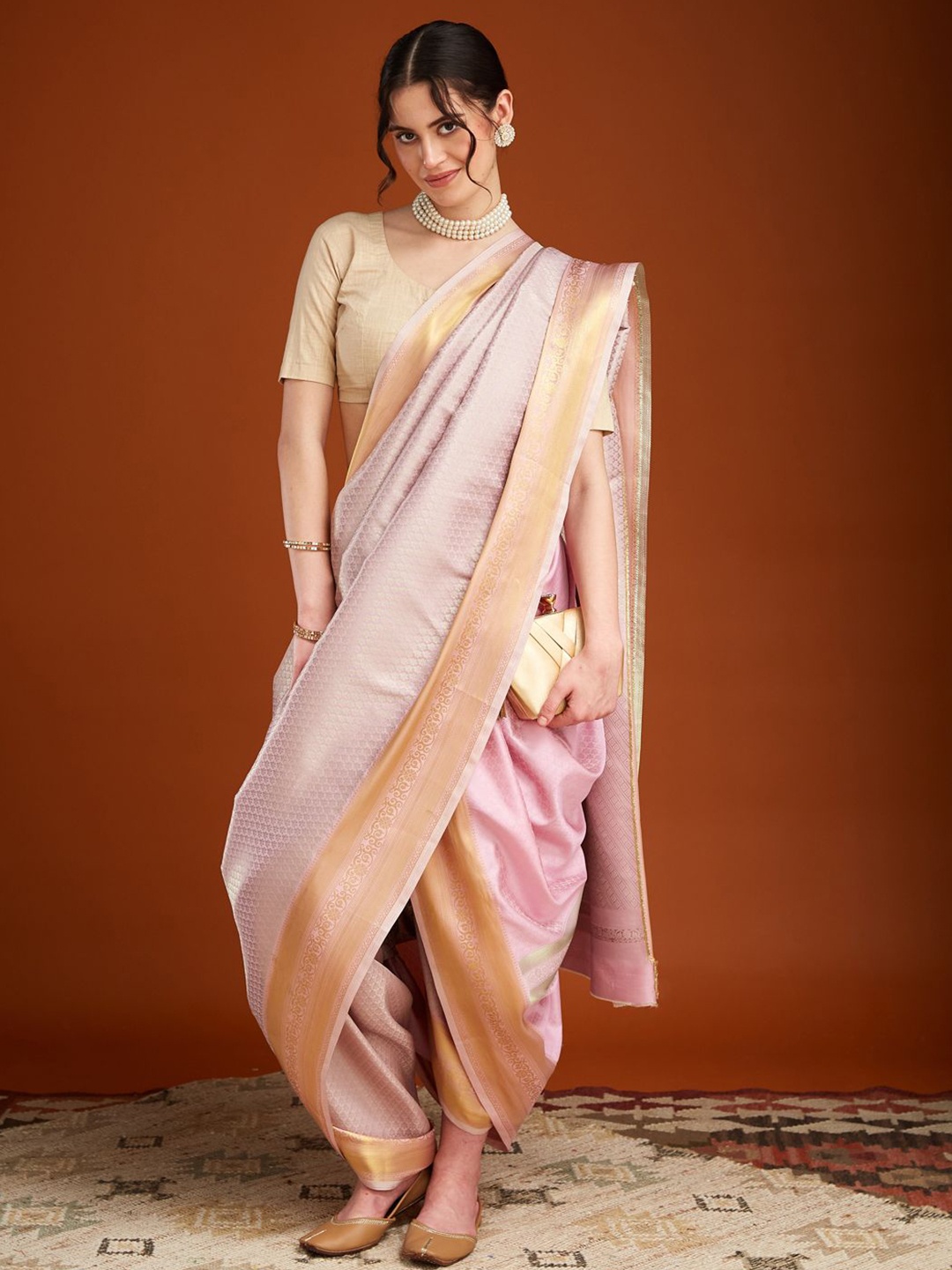 

MAHALASA Woven Design Pure Silk Designer Zari Weaving Marathi Lavani Saree, Pink