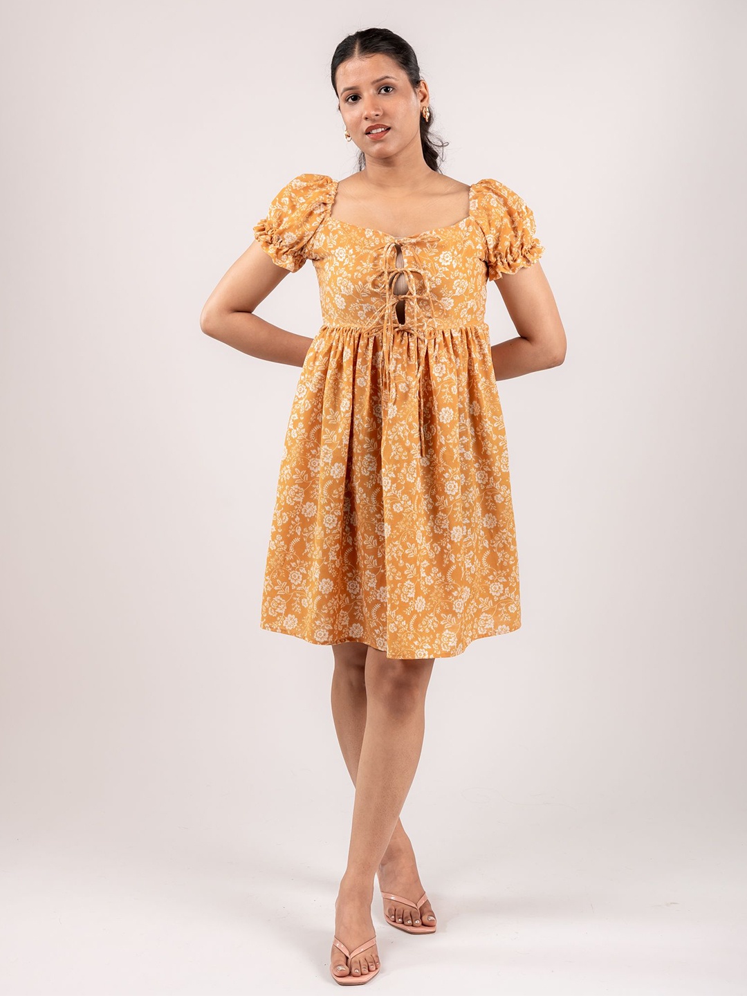 

MONOMEE Women Floral Printed Puff Sleeve Fit & Flare Dress, Yellow