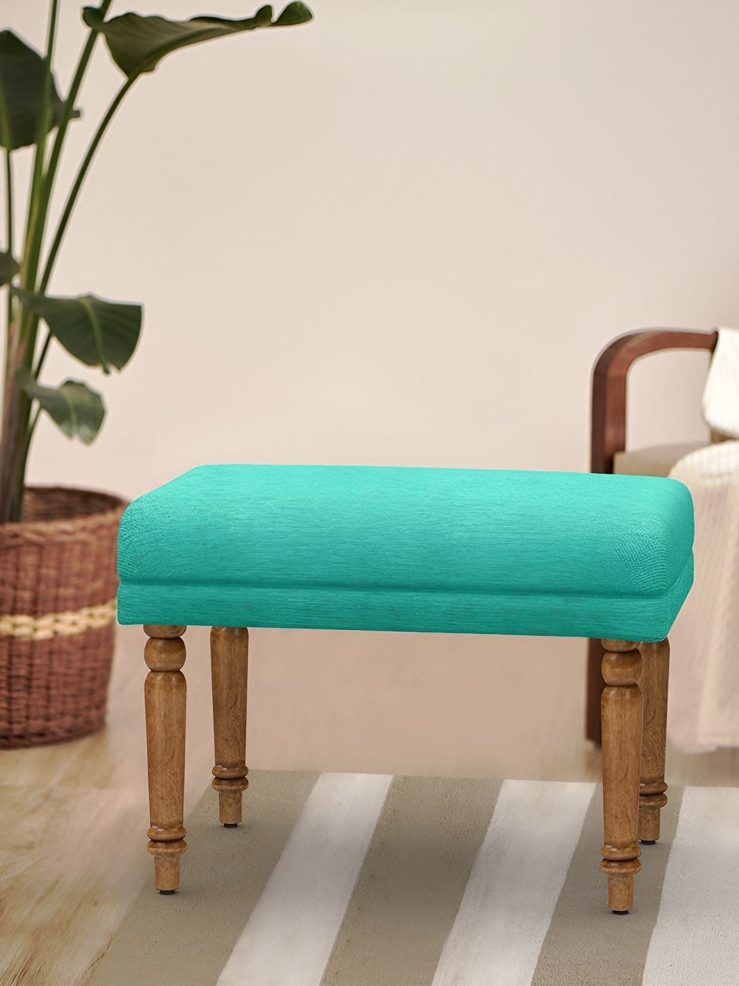 

Chumbak Turquoise Blue & Brown Nawaab Bench Small - Maldivian Teal Lounge Chair