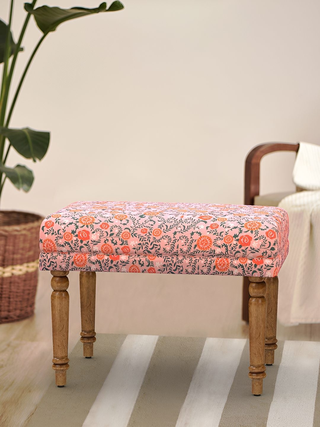 

Chumbak Orange Coloured & Pink Nawaab Bench Small - Earthy Florals Lounge Chair