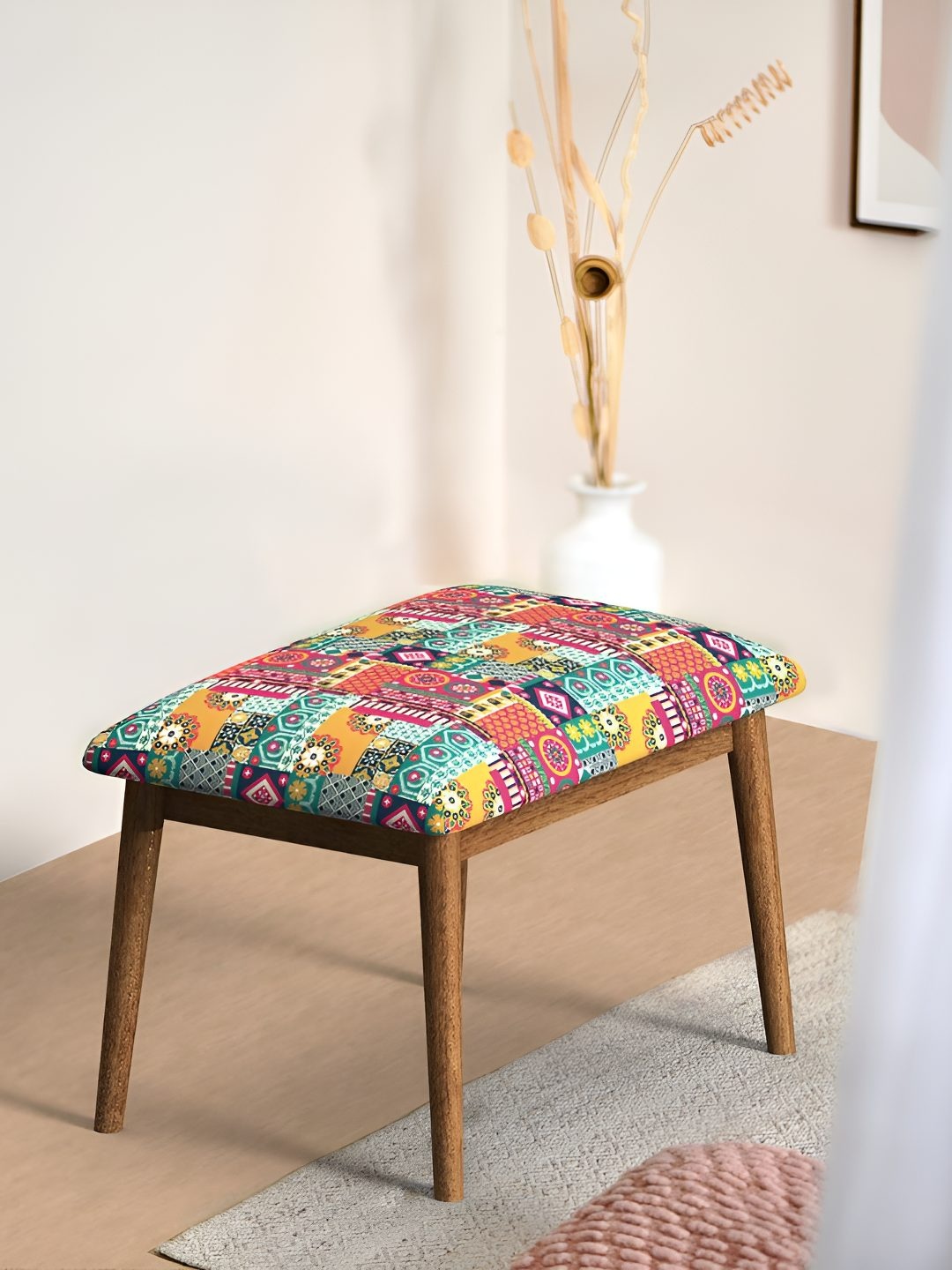 

Chumbak Red Square Shaped Floral Printed Wooden Cushion Lounge Chair