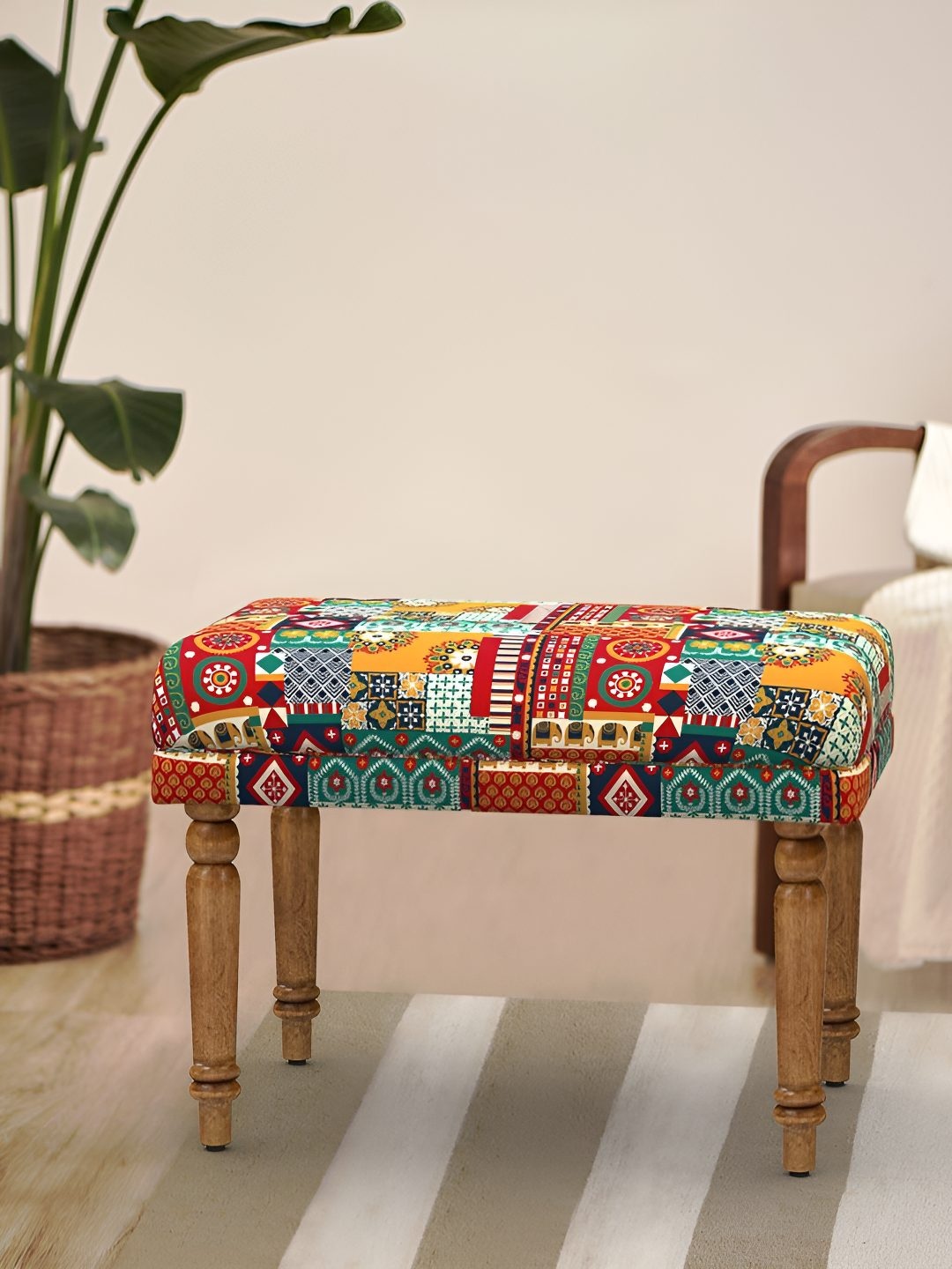 

Chumbak Red Yellow & Navy Blue Nawaab Bench Small - Floral Swirls Lounge Chair