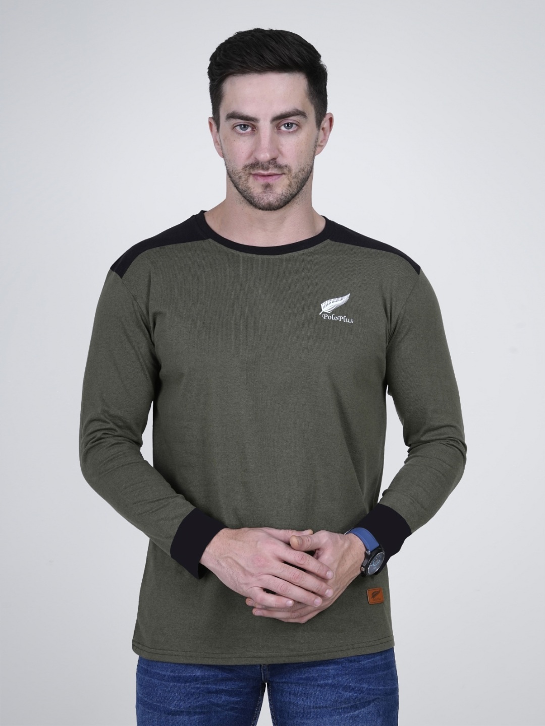 Polo Plus Men Bio Finish Brand Logo Printed Round Neck Cotton Relaxed Fit T-shirt, Olive
