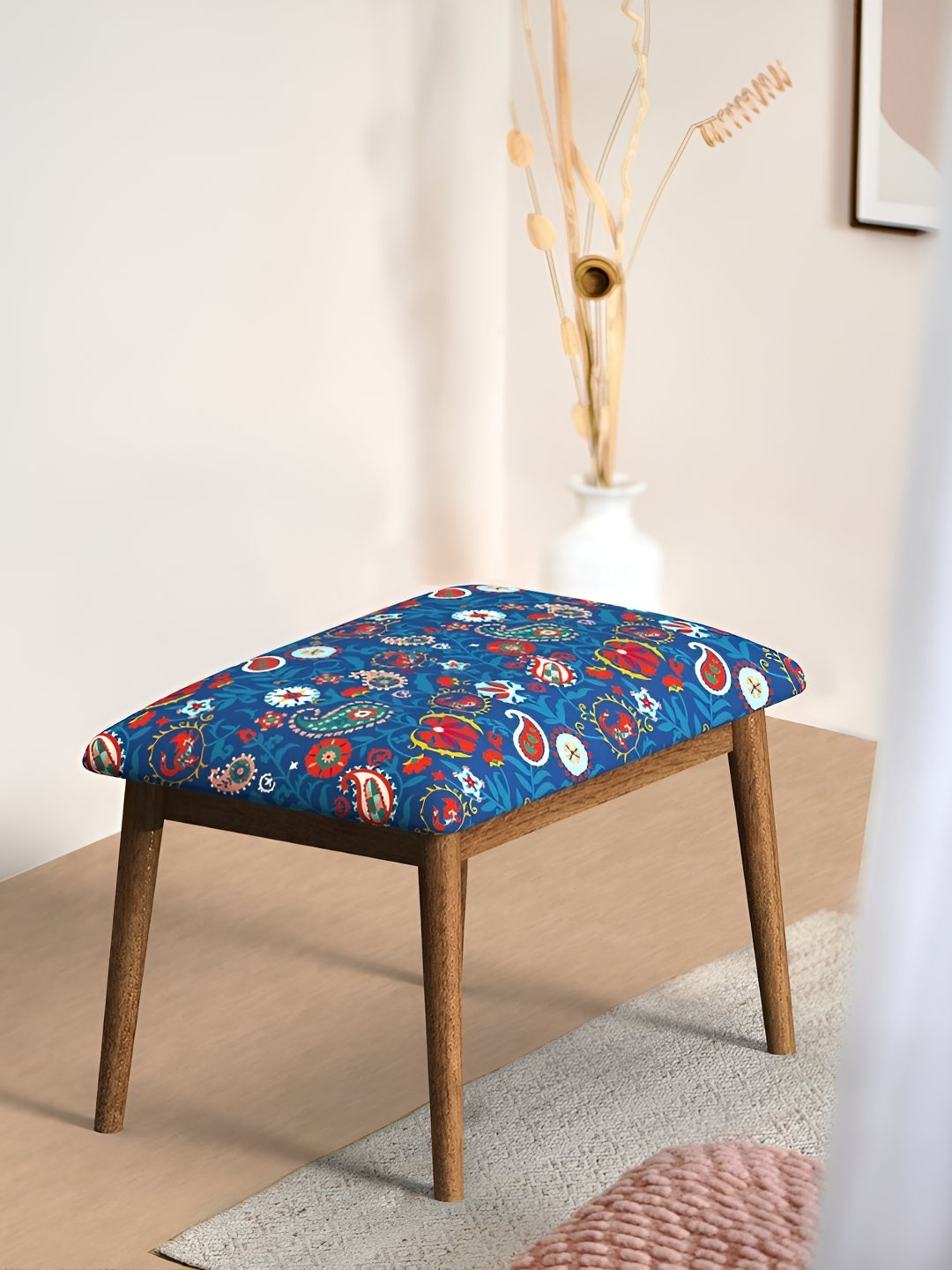 

Chumbak Blue & Red Square Shaped Floral Printed Wooden Cushion Lounge Chair