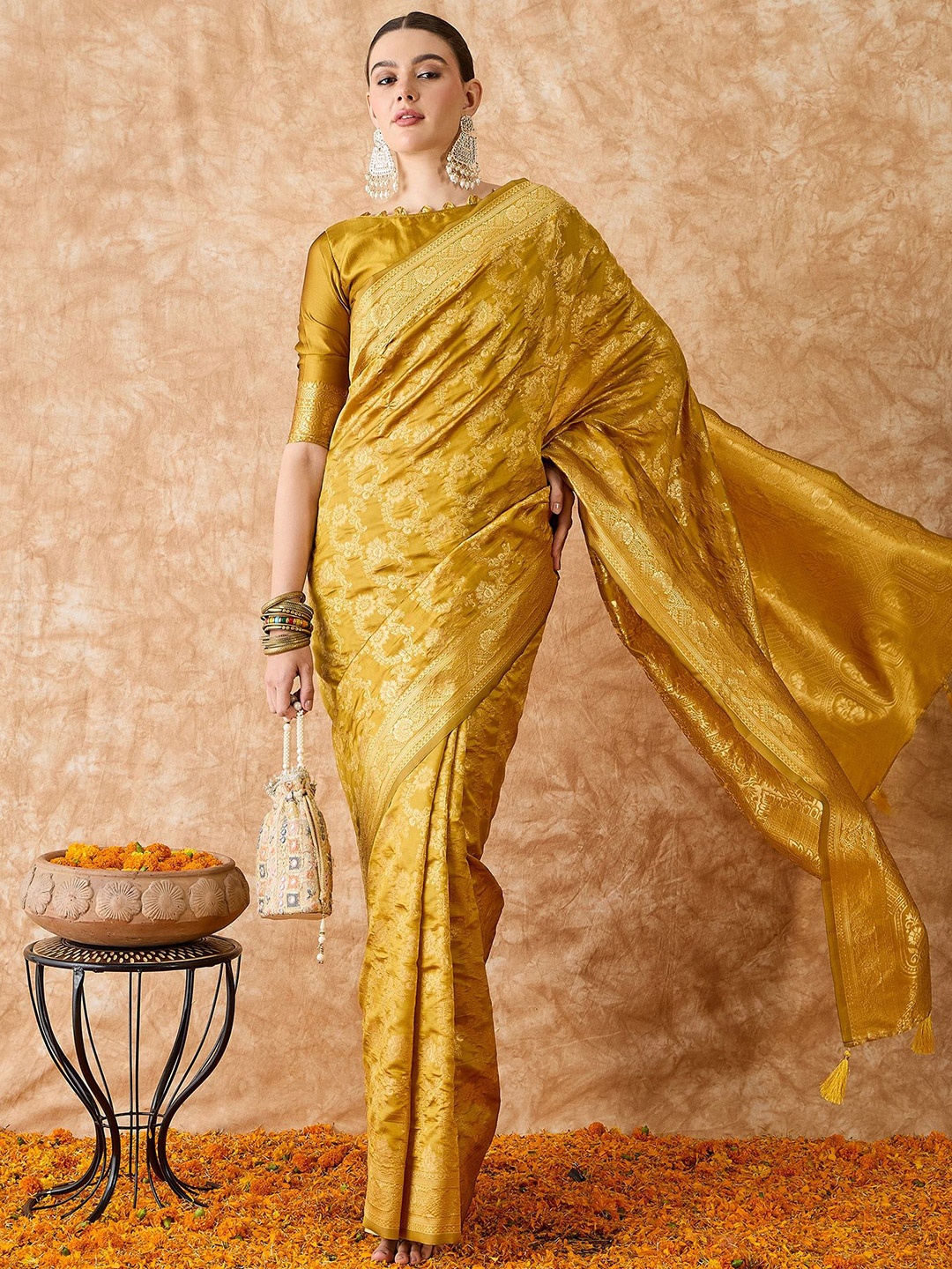 

HERE&NOW Embellished Zari Silk Blend Fusion Banarasi Saree, Mustard