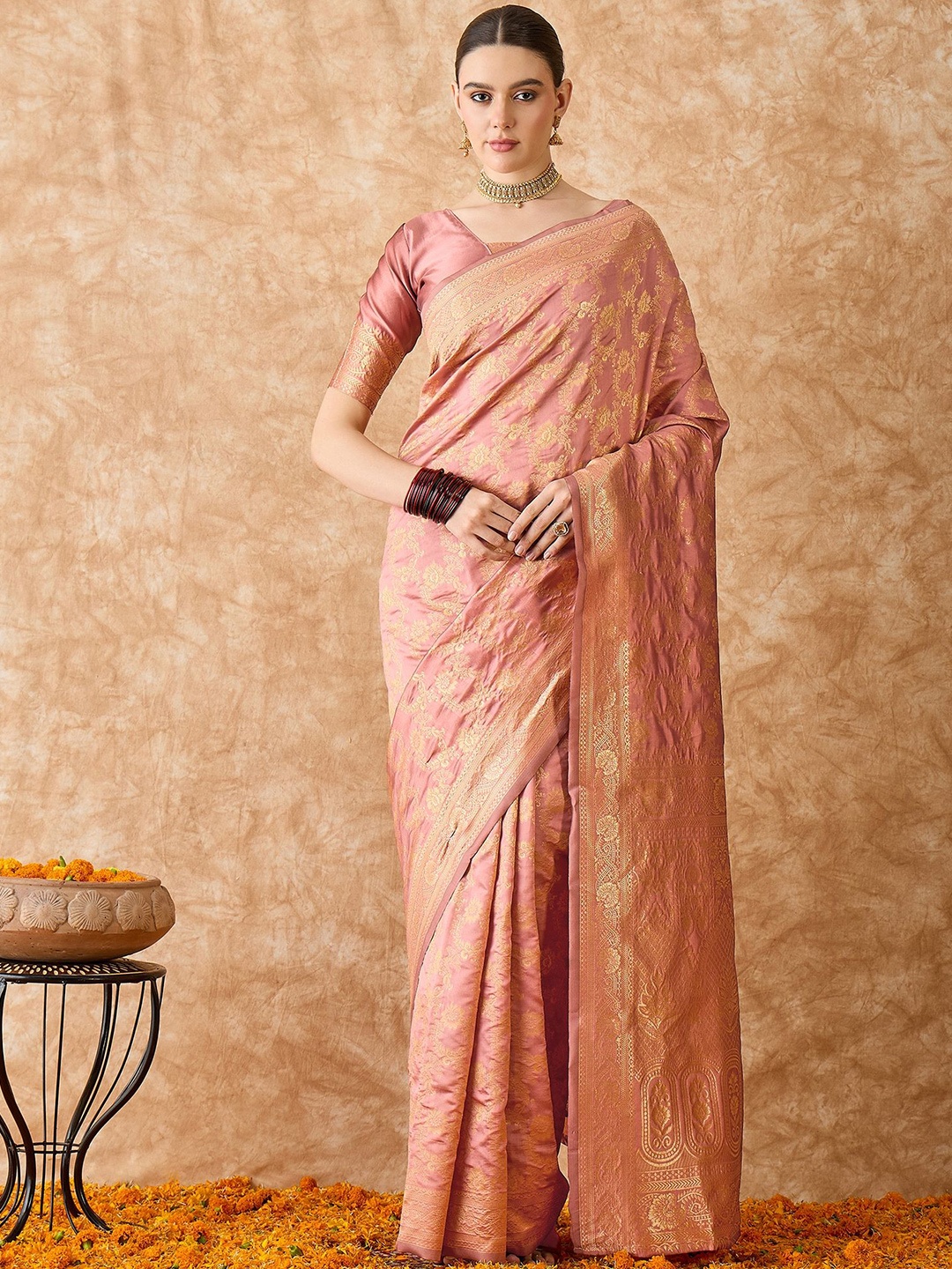

HERE&NOW Woven Design Zari Banarasi Saree, Rose gold