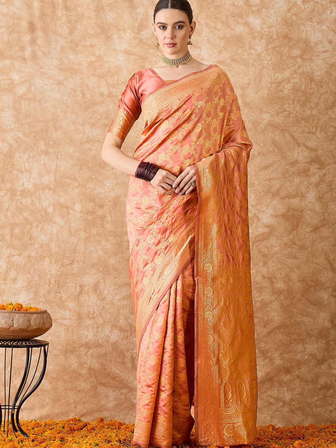 

HERE&NOW Woven Design Zari Banarasi Saree, Peach
