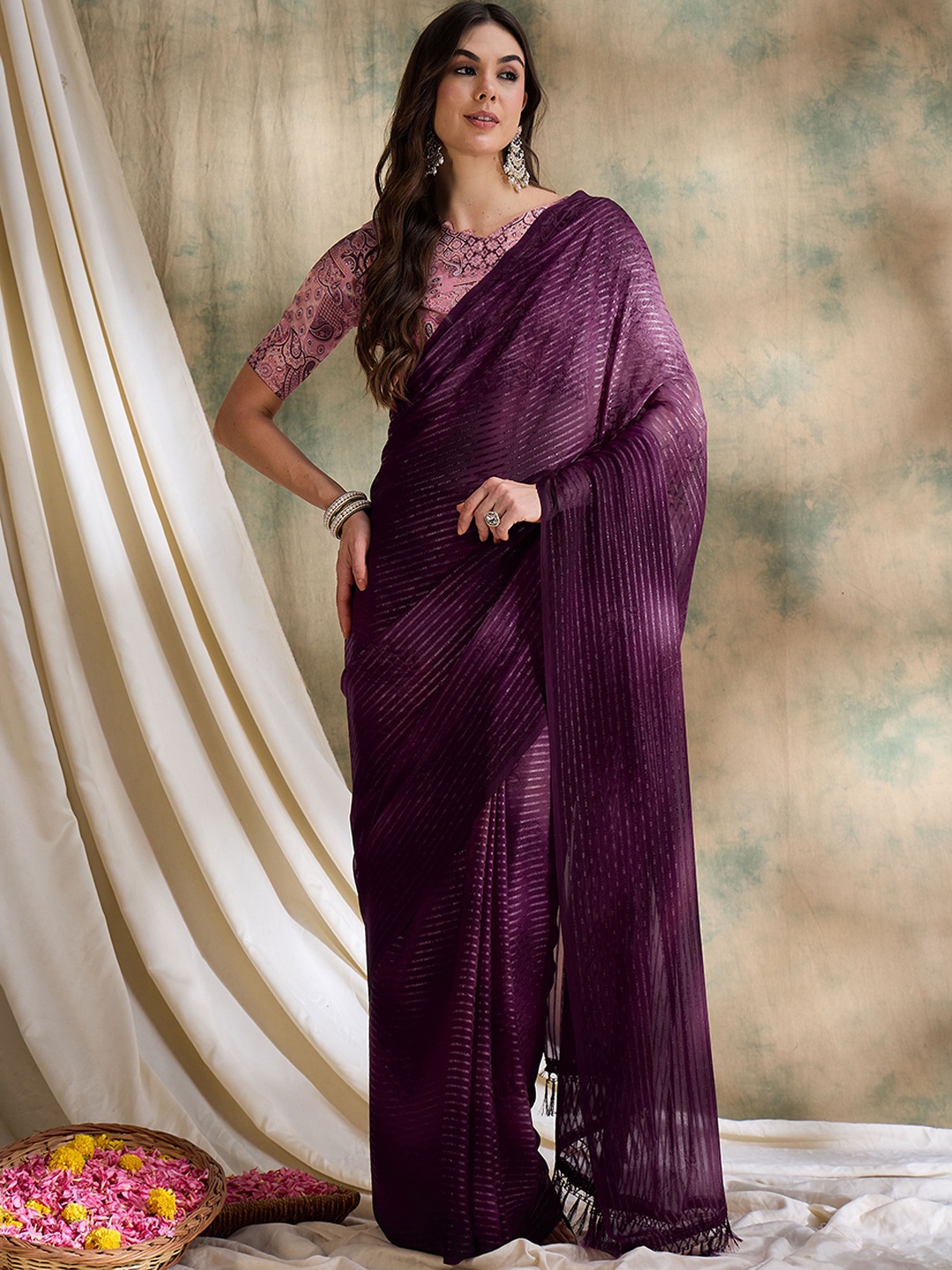 

HERE&NOW Striped Saree With Blouse Piece, Burgundy