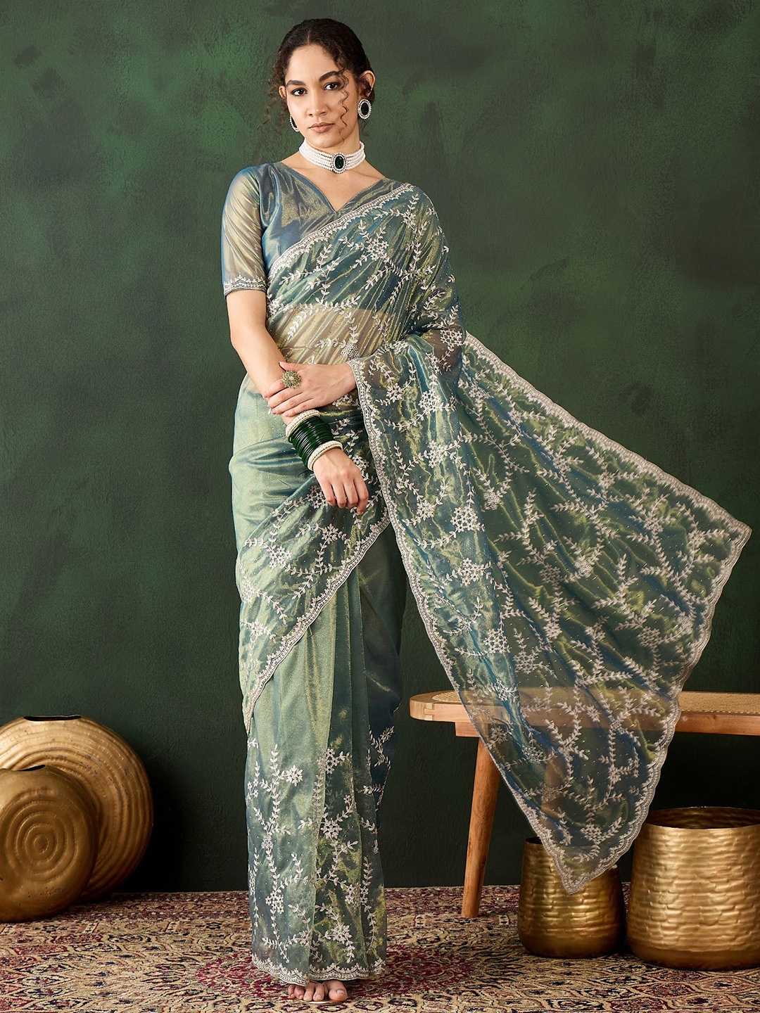 

HERE&NOW Embellished Embroidered Silk Cotton Saree, Teal