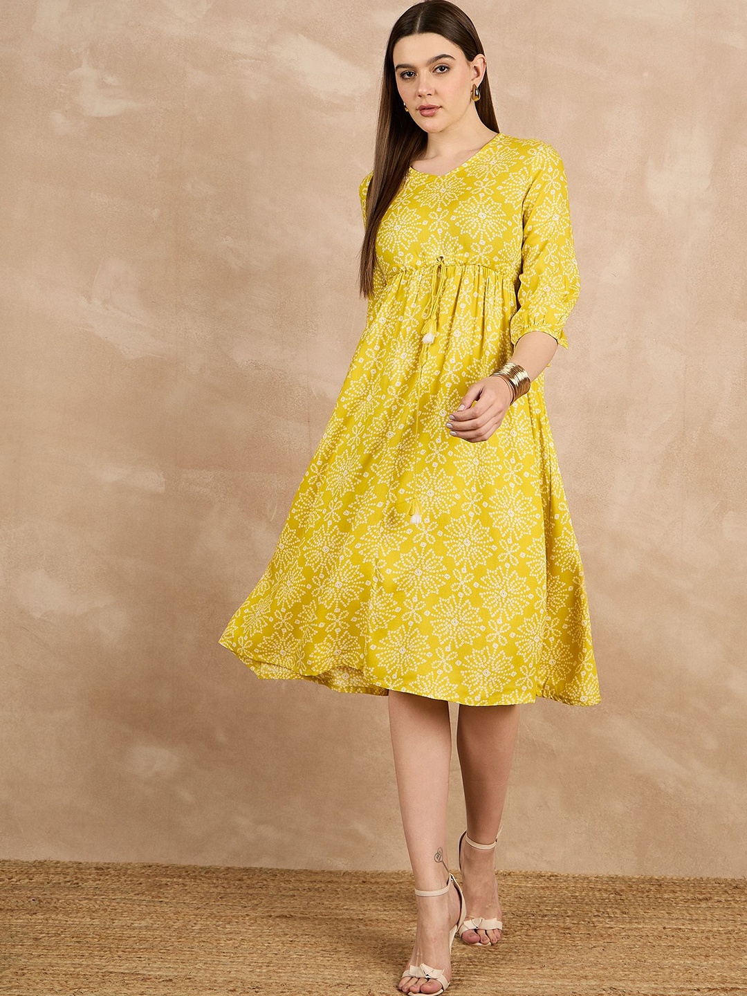 

all about you Women Floral Print Fit and Flare Midi Dress, Yellow