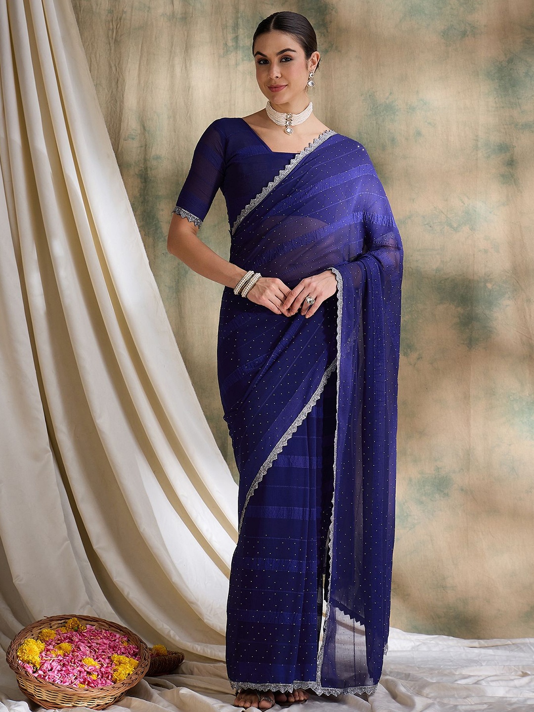 

HERE&NOW Embellished Beads and Stones Saree, Blue
