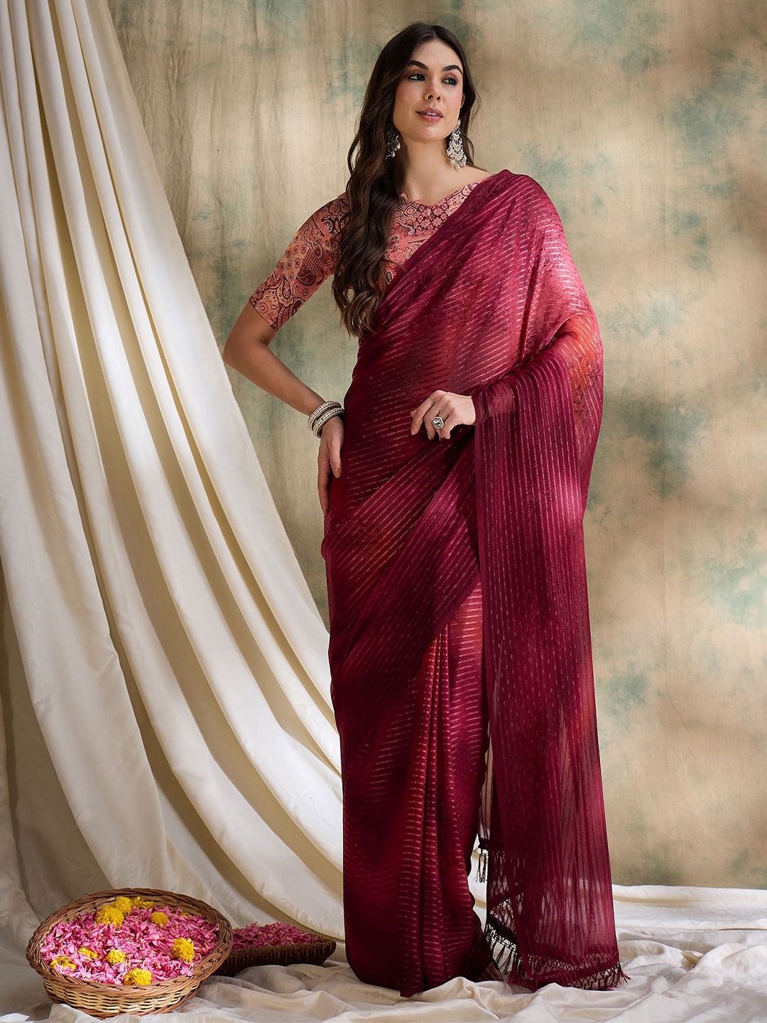 

HERE&NOW Embellished Beads and Stones Poly Chiffon Fusion Saree, Red