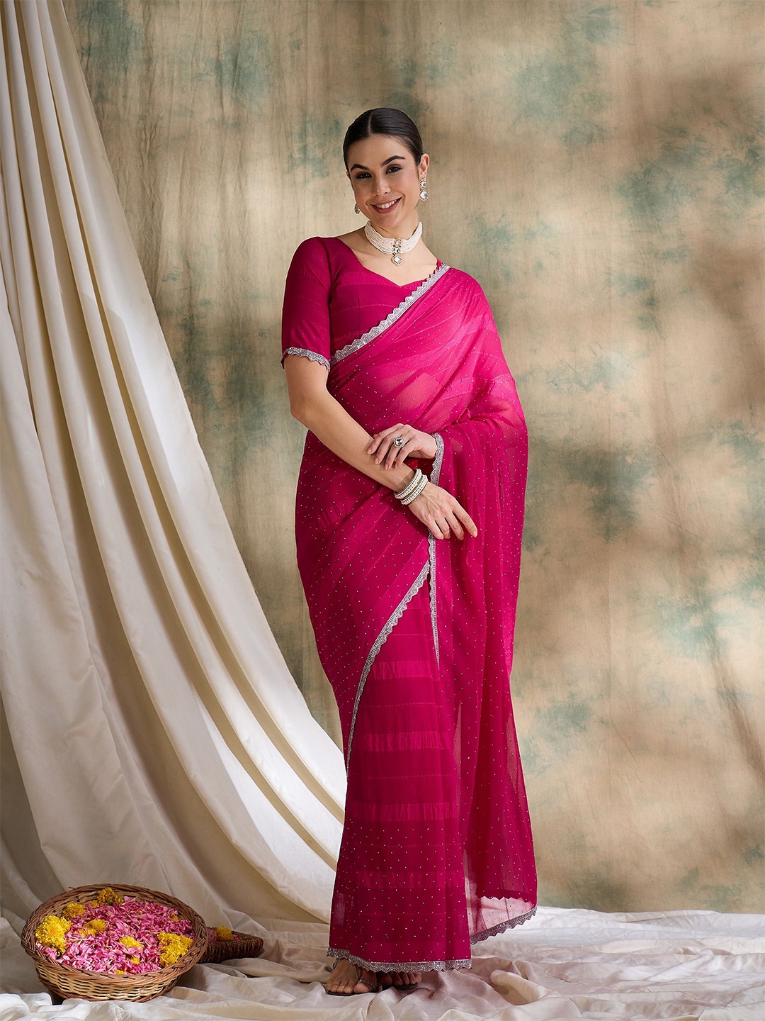 

HERE&NOW Embellished Beads and Stones Fusion Banarasi Saree, Pink
