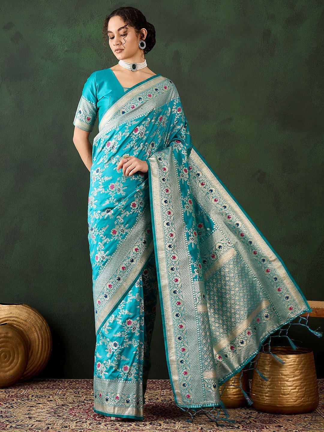 

HERE&NOW Woven Design Banarasi Saree, Teal