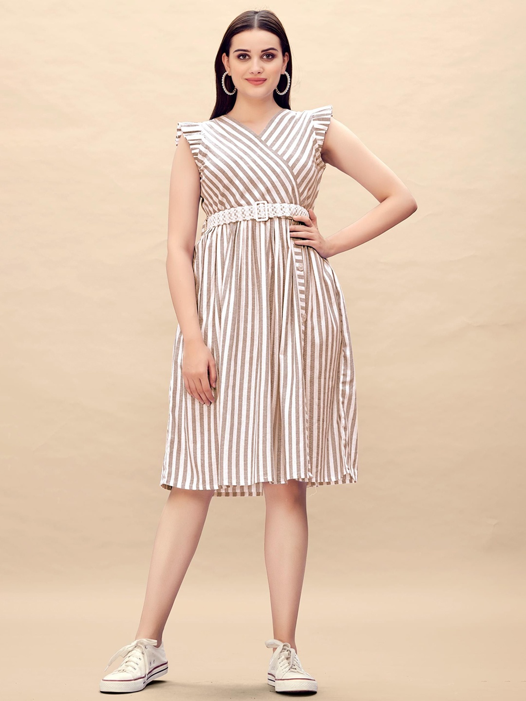 

Glomee Women Striped Fit & Flare Midi Dress, Beige