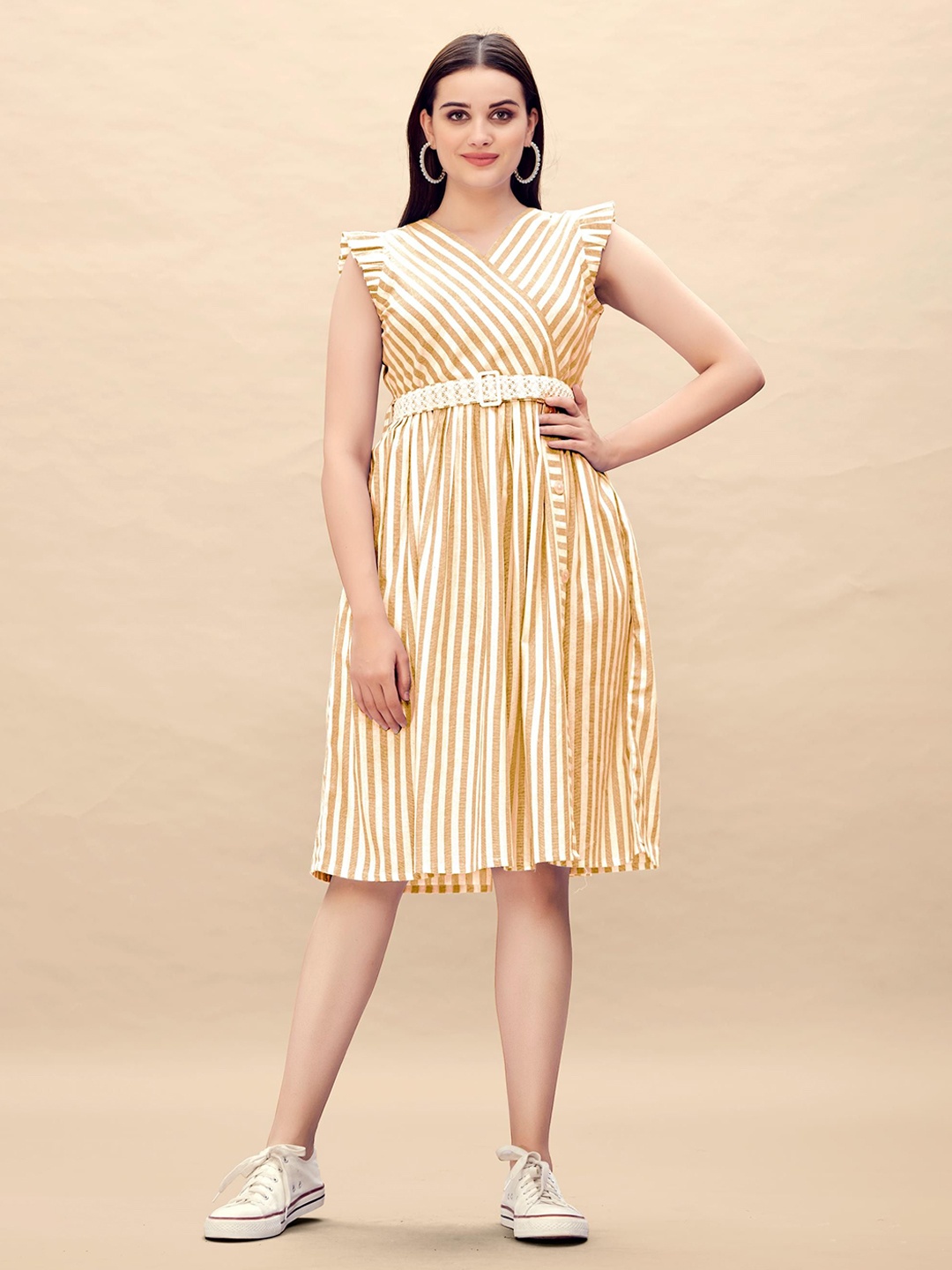 

Glomee Women Striped Cotton Fit & Flare Knee Length Dress, Yellow
